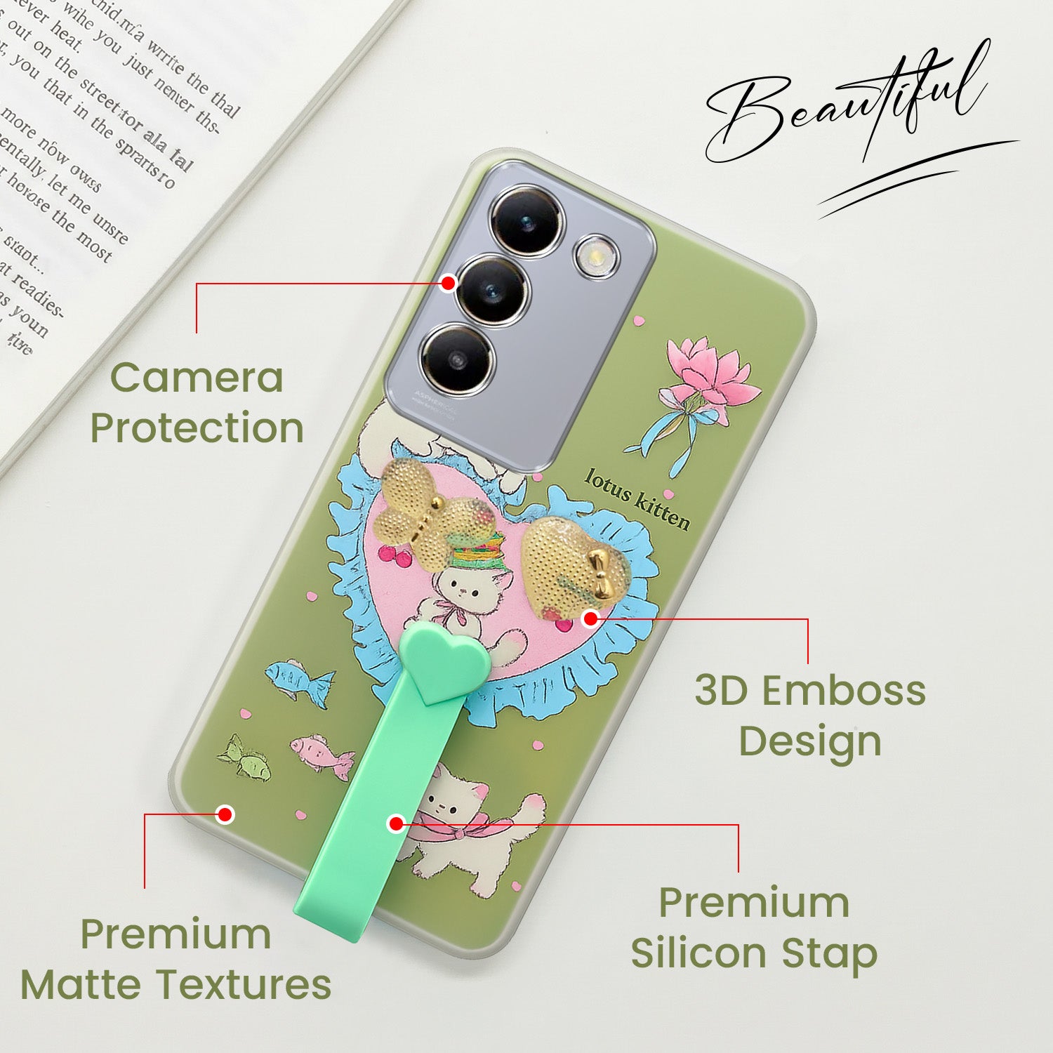 For Vivo T3 5G Back Cover Case (3D Cute Heart Strap Holder | Camera Protection | Designer Girls Print)