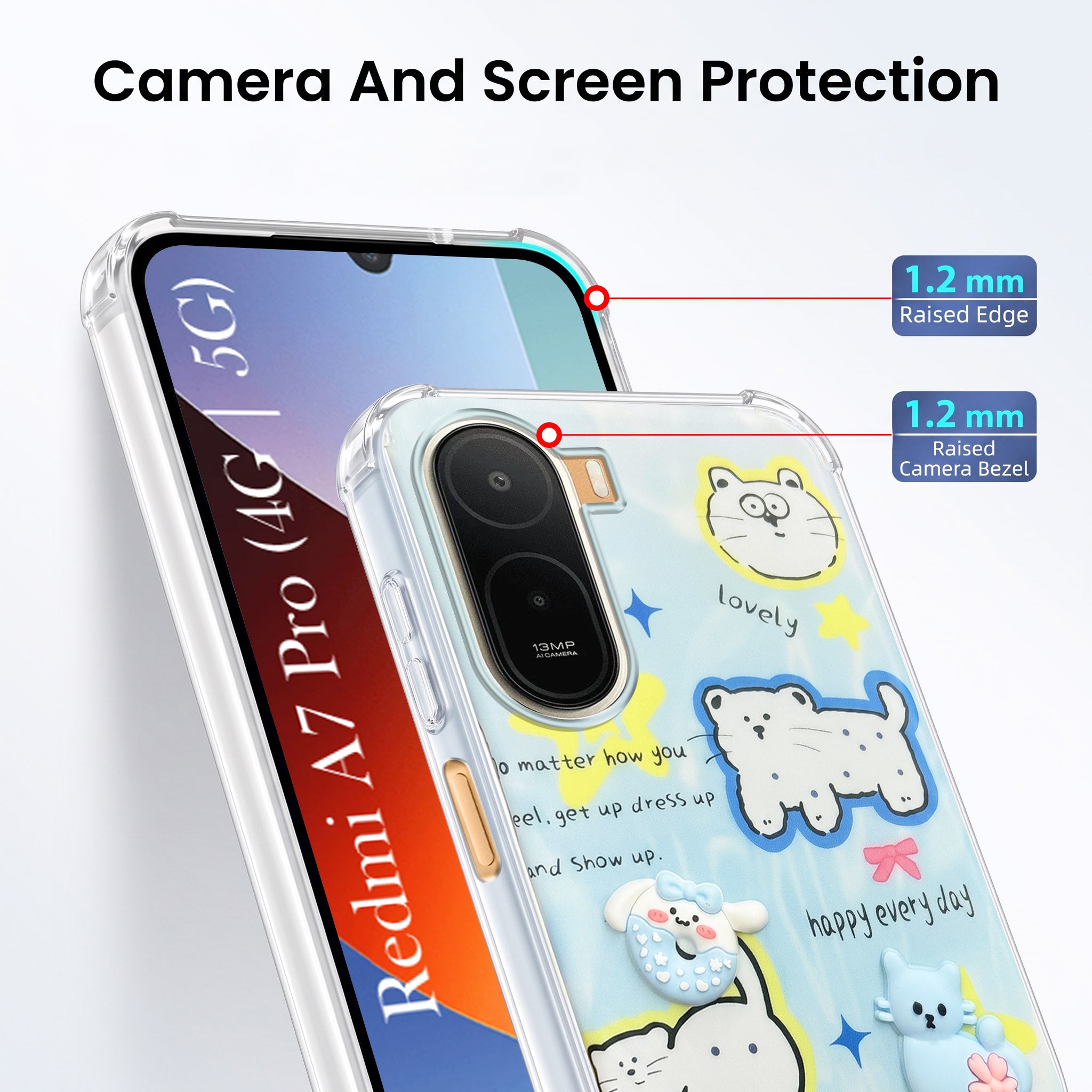 For Redmi A7 Pro 5G Back Cover Case (3D Cute Cartoons | Hard Back Side Soft | Matte Premium Finish | HD Printing)