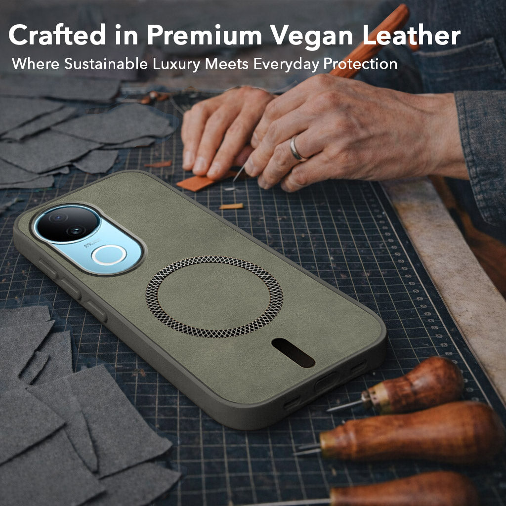 For Vivo iQOO Z10R Back Cover Case Leather Finish (MagSafe Compatible Wireless Charging | Soft Touch | Camera Bump Protection)