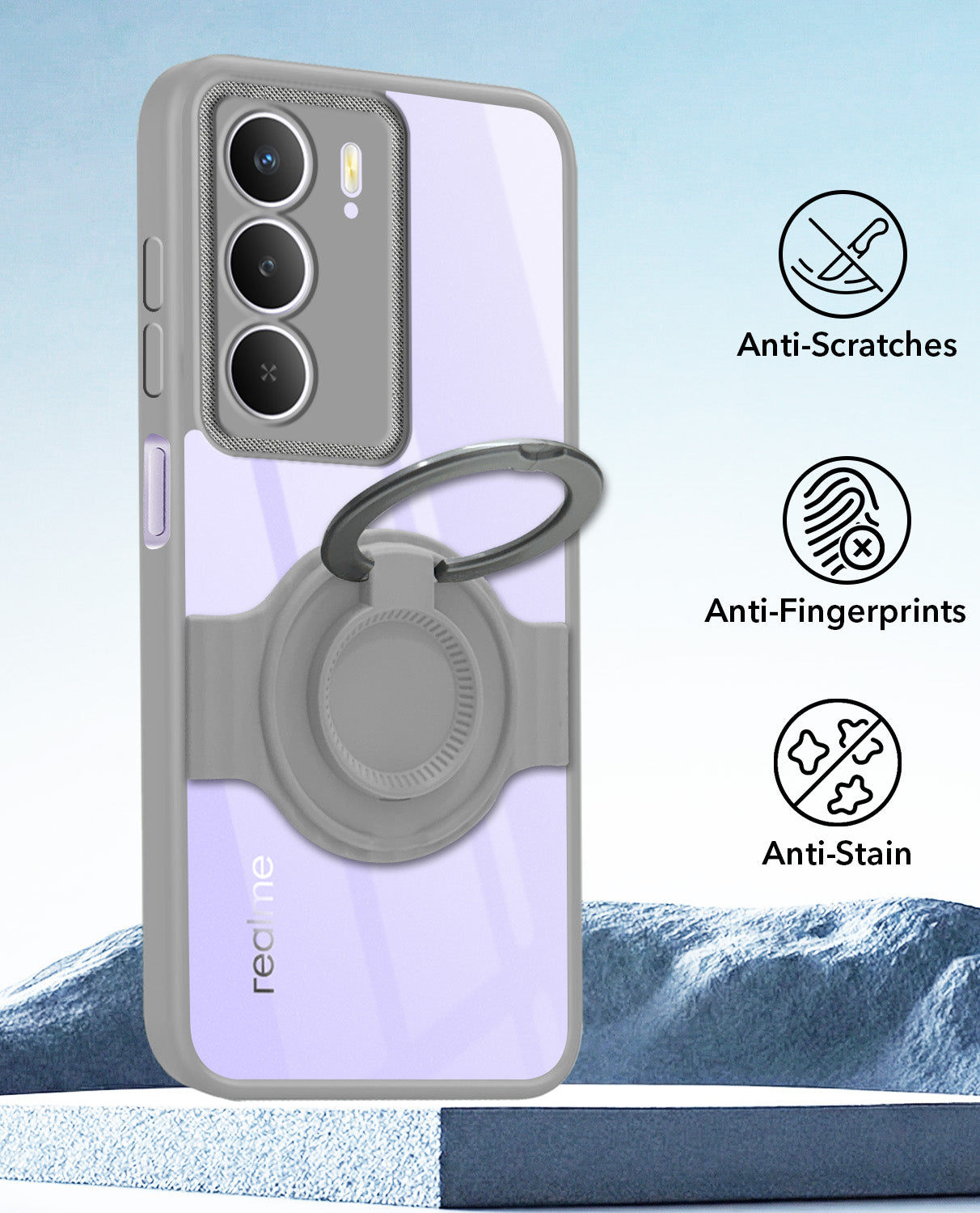 For Realme Narzo 80 Lite 5G Back Cover Case with stand (Built-in Ring Holder Kickstand | Lifetime Anti Yellow | Camera Protection)