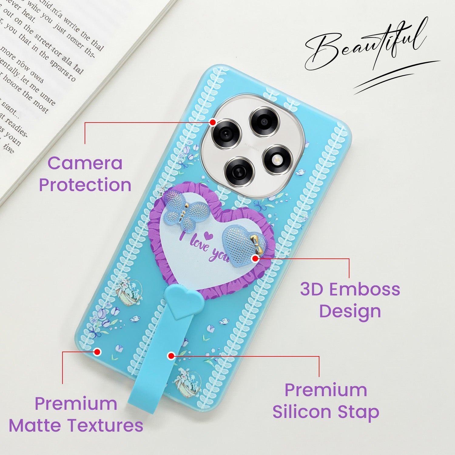 For Oppo F31 Pro Back Cover Case (3D Cute Heart Strap Holder | Camera Protection | Designer Girls Print)