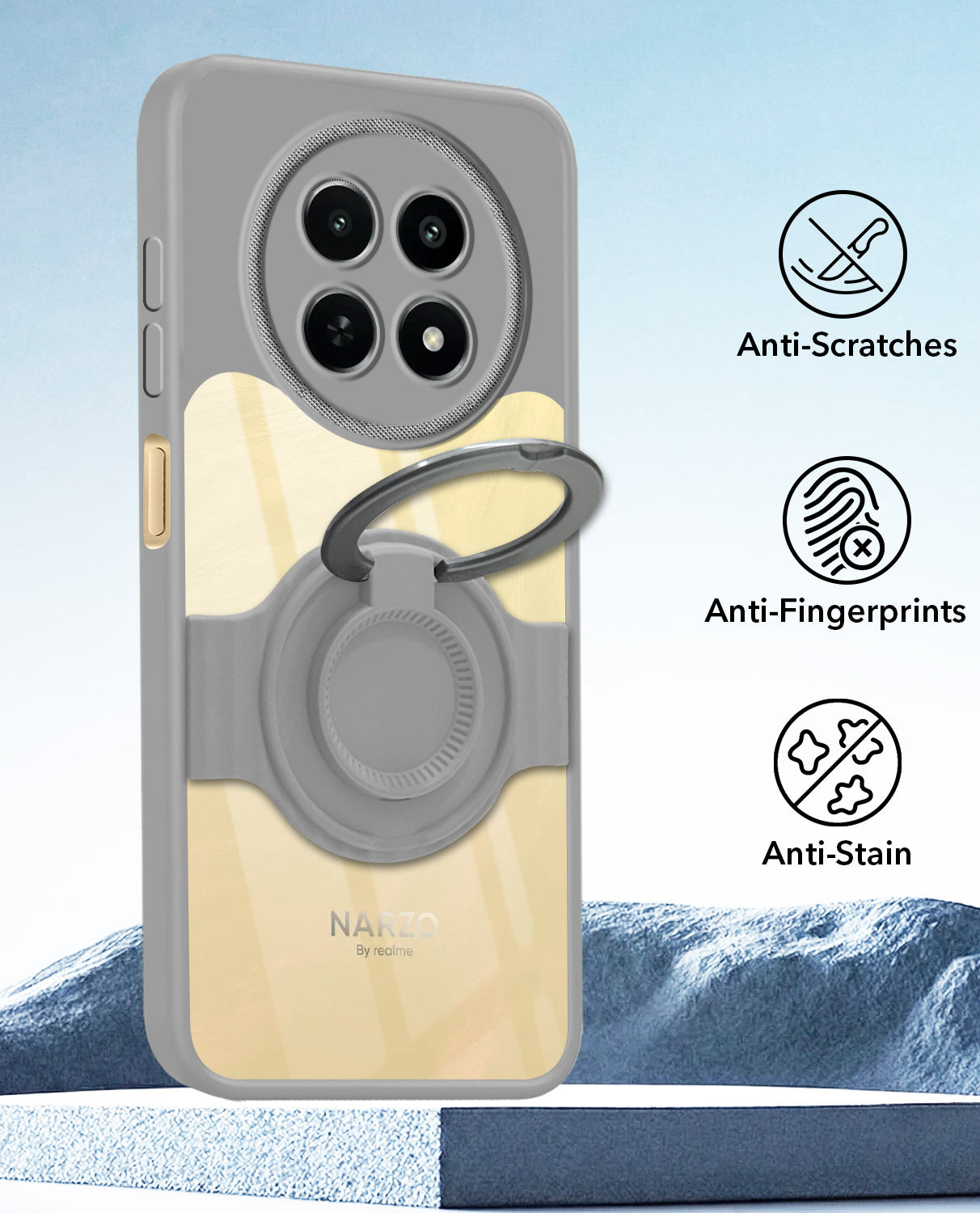 For Realme Narzo N65 5G Back Cover Case with stand (Built-in Ring Holder Kickstand | Lifetime Anti Yellow | Camera Protection)