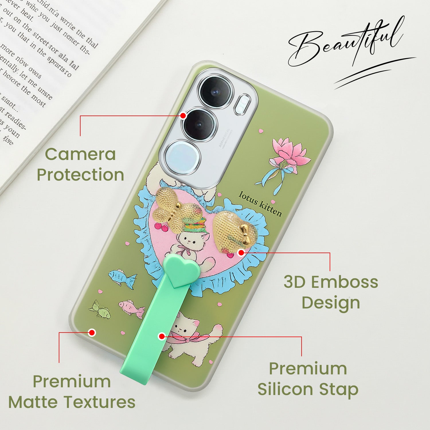 For Vivo Y29 Back Cover Case (3D Cute Heart Strap Holder | Camera Protection | Designer Girls Print)