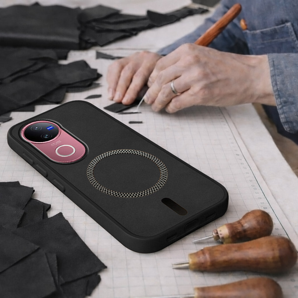 For Vivo V50 | Vivo V50e Back Cover Case Leather Finish (MagSafe Compatible Wireless Charging | Soft Touch | Camera Bump Protection)