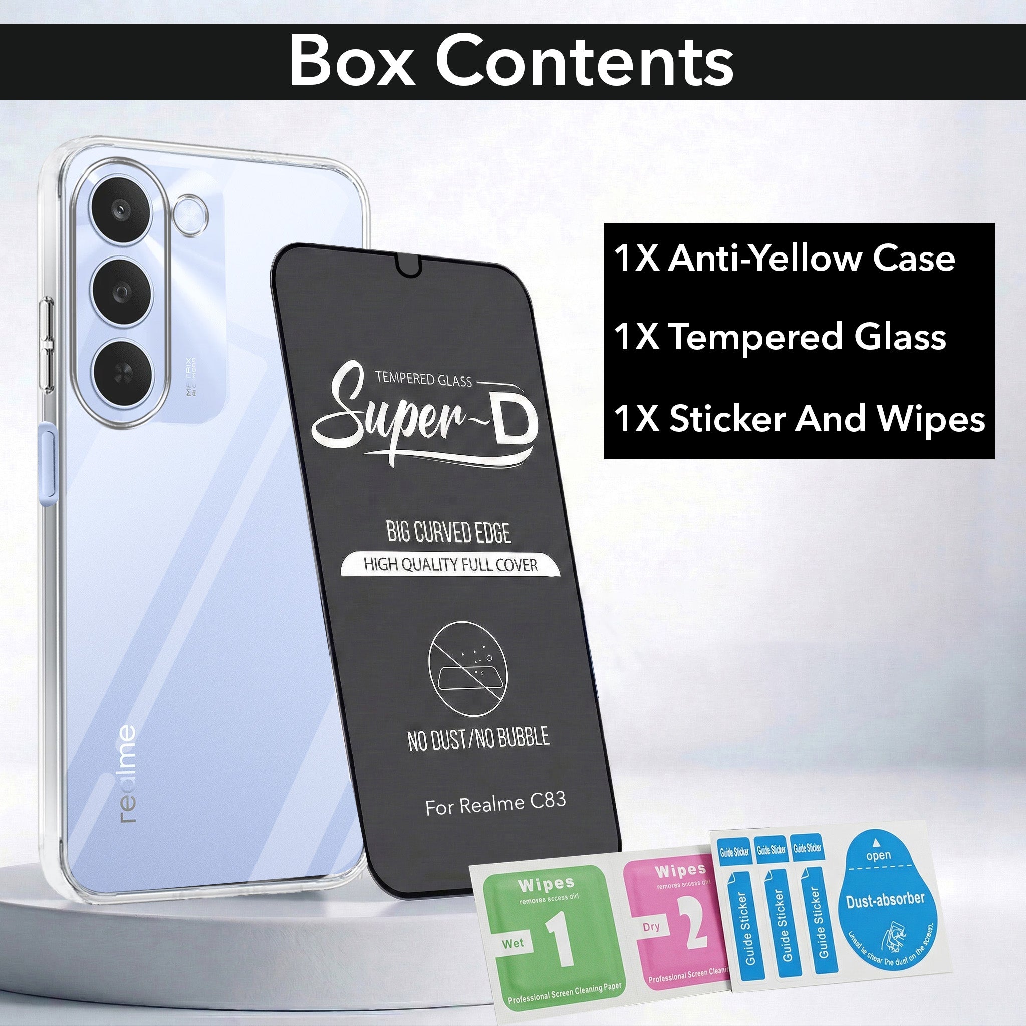 For Realme C83 5G Combo with Back Cover and 9H Tempered Glass (Lifetime Anti-Yellow | Sleek Hard Crystal | Oleophobic Coating Screen Glass)