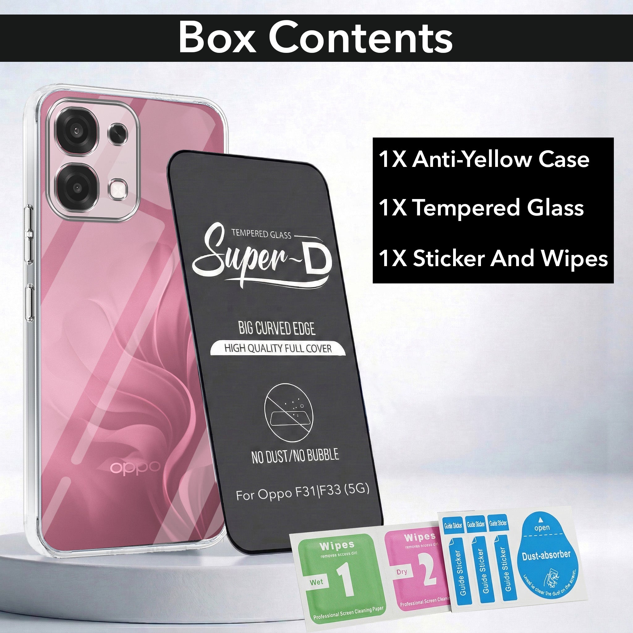 For Oppo F31 5G | Oppo F33 5G Combo with Back Cover and 9H Tempered Glass (Lifetime Anti-Yellow | Sleek Hard Crystal | Oleophobic Coating Screen Glass)