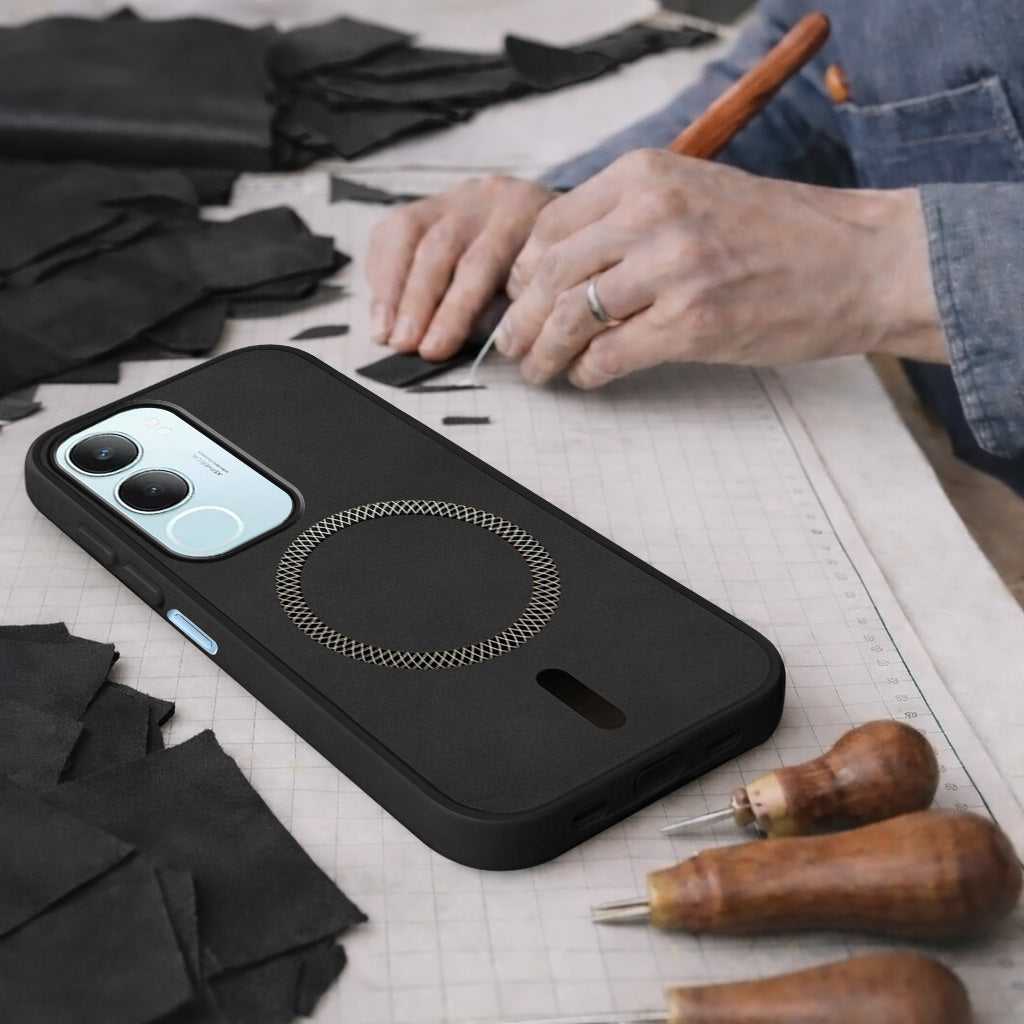 For Vivo Y29 Back Cover Case Leather Finish (MagSafe Compatible Wireless Charging | Soft Touch | Camera Bump Protection)