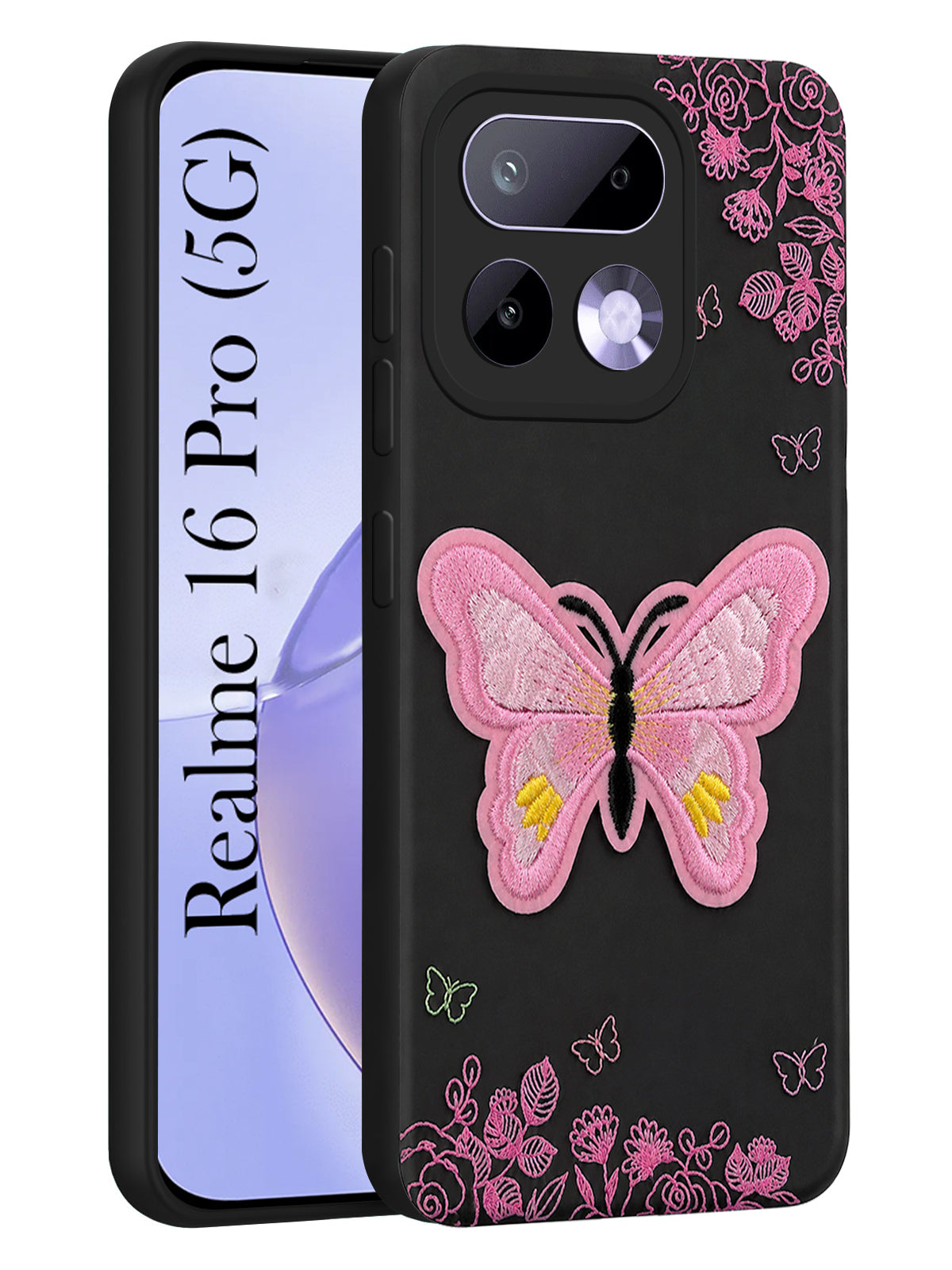 For Realme 16 Pro Back Cover Case (Soft Butterfly Embroidery | Women Teen Girls | Camera Protection| Matte Silicone)