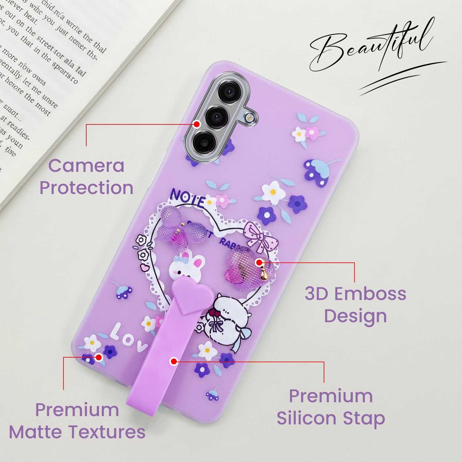 For Samsung Galaxy A17 | Samsung F17 | Samsung M17 5G Back Cover Case (3D Cute Heart Strap Holder | Camera Protection | Designer Girls Print)
