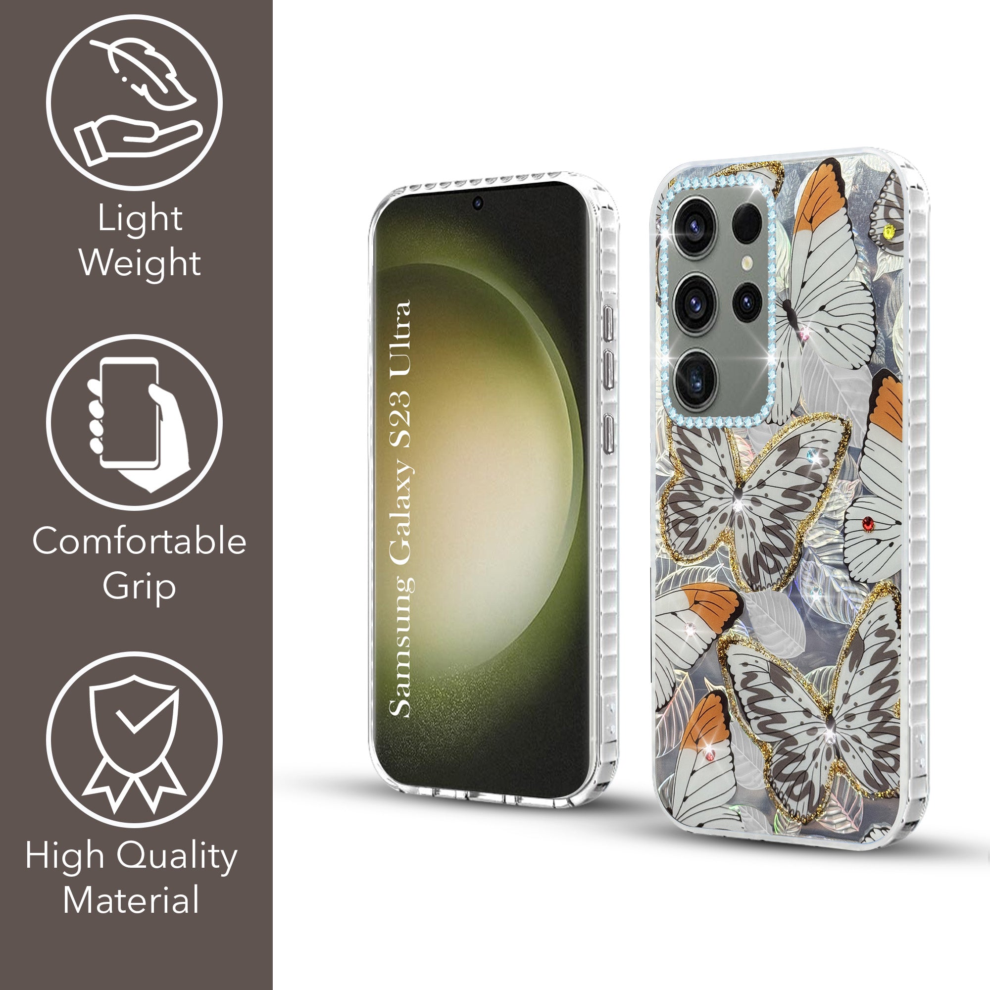 For Samsung Galaxy S23 Ultra Back Cover Case (Luxury Floral Glitter Cute Butterfly | Diamond Studded Camera Bump | Girls & Women Design)