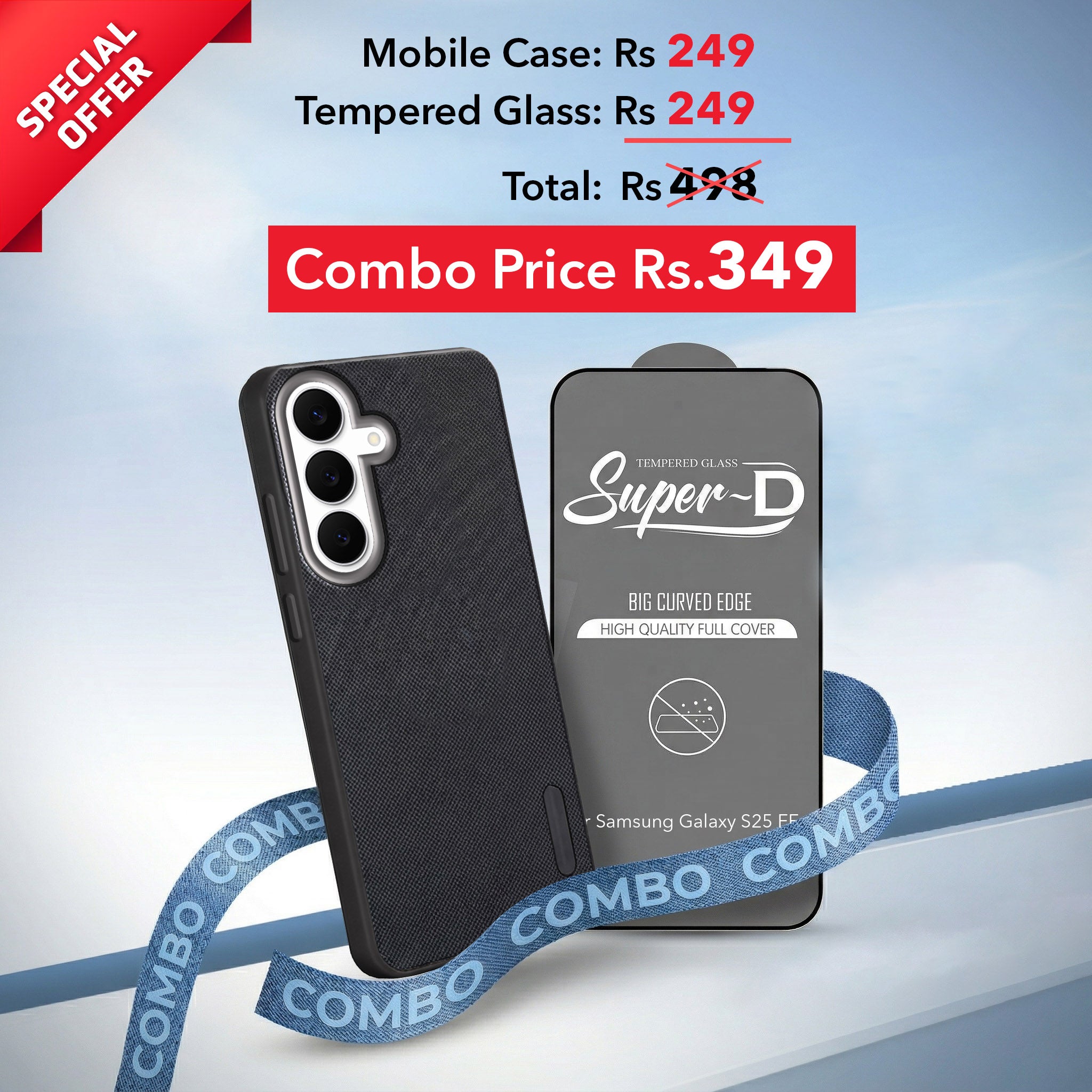 For Samsung Galaxy S25 FE Combo with Back Cover and 9H Tempered Glass (Textured Grip Design | Micro-Fiber Cloth Inside | Oleophobic Coating Screen Glass)