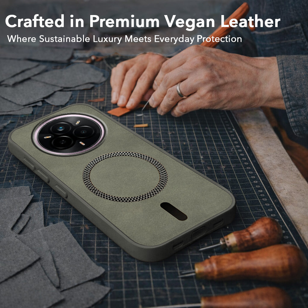 For Realme 14 Pro Back Cover Case Leather Finish (MagSafe Compatible Wireless Charging | Soft Touch | Camera Bump Protection)