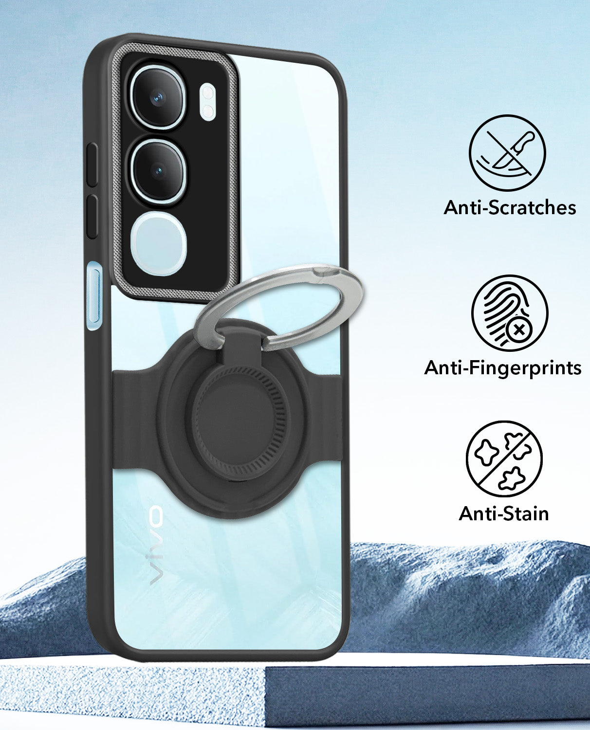 For Vivo Y29 Back Cover Case with stand (Built-in Ring Holder Kickstand | Lifetime Anti Yellow | Camera Protection)