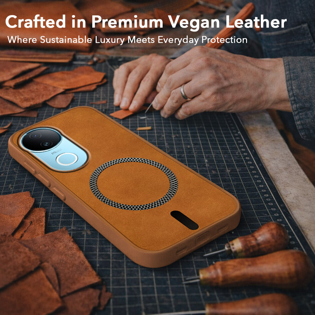 For Vivo iQOO Z10R Back Cover Case Leather Finish (MagSafe Compatible Wireless Charging | Soft Touch | Camera Bump Protection)