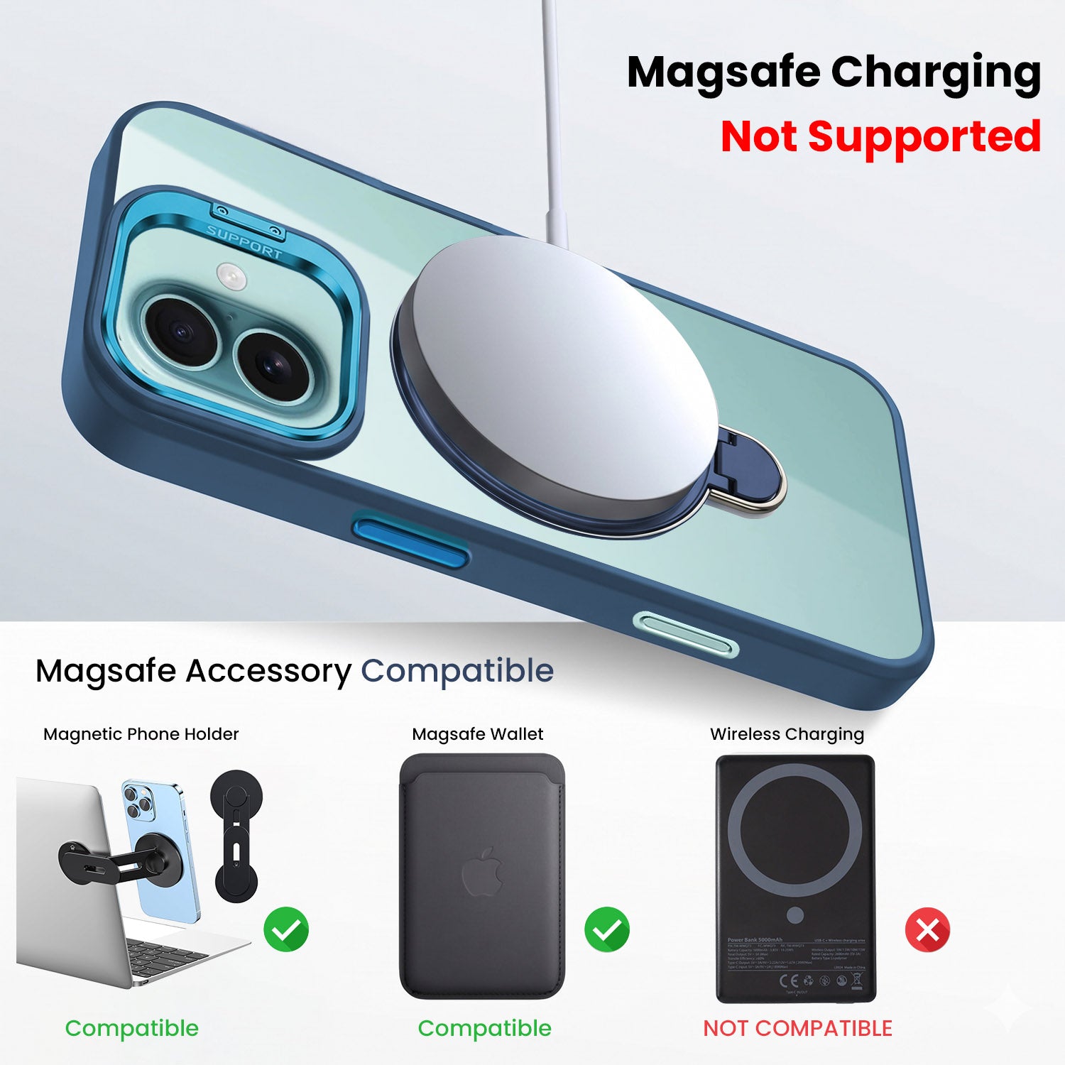 For Apple iPhone 16 Back Cover Case Crystal (Lifetime Anti Yellow | Magnetic Ring Stand | Camera Lens Protection | MagSafe Compatible)