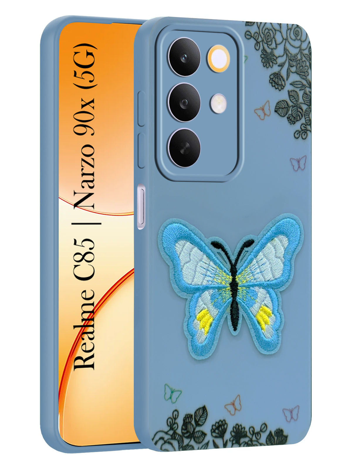 For Realme C85 5G | Realme Narzo 90x Back Cover Case (Soft Butterfly Embroidery | Women Teen Girls | Camera Protection| Matte Silicone)