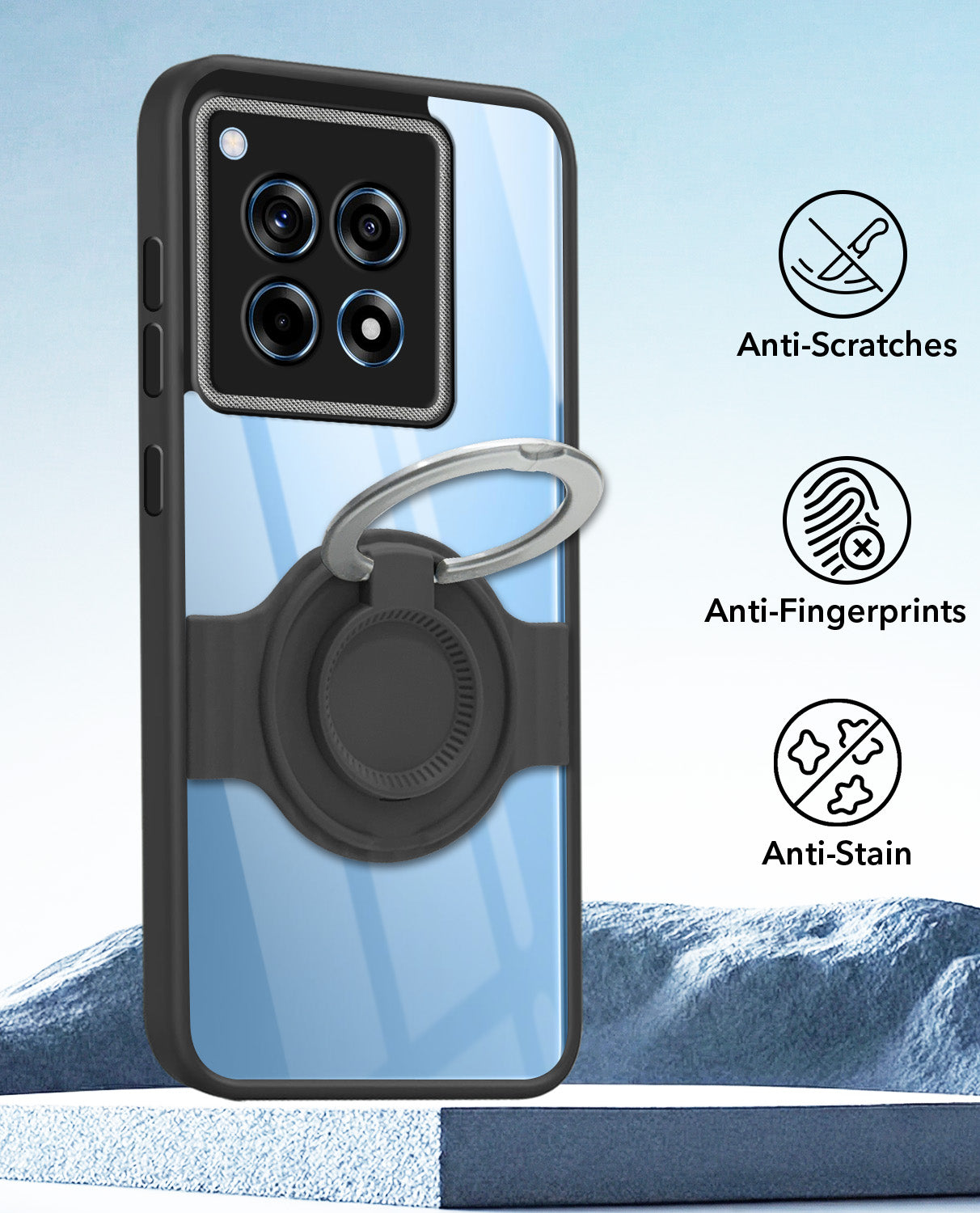 For OnePlus 12R 5G Back Cover Case with stand (Built-in Ring Holder Kickstand | Lifetime Anti Yellow | Camera Protection)