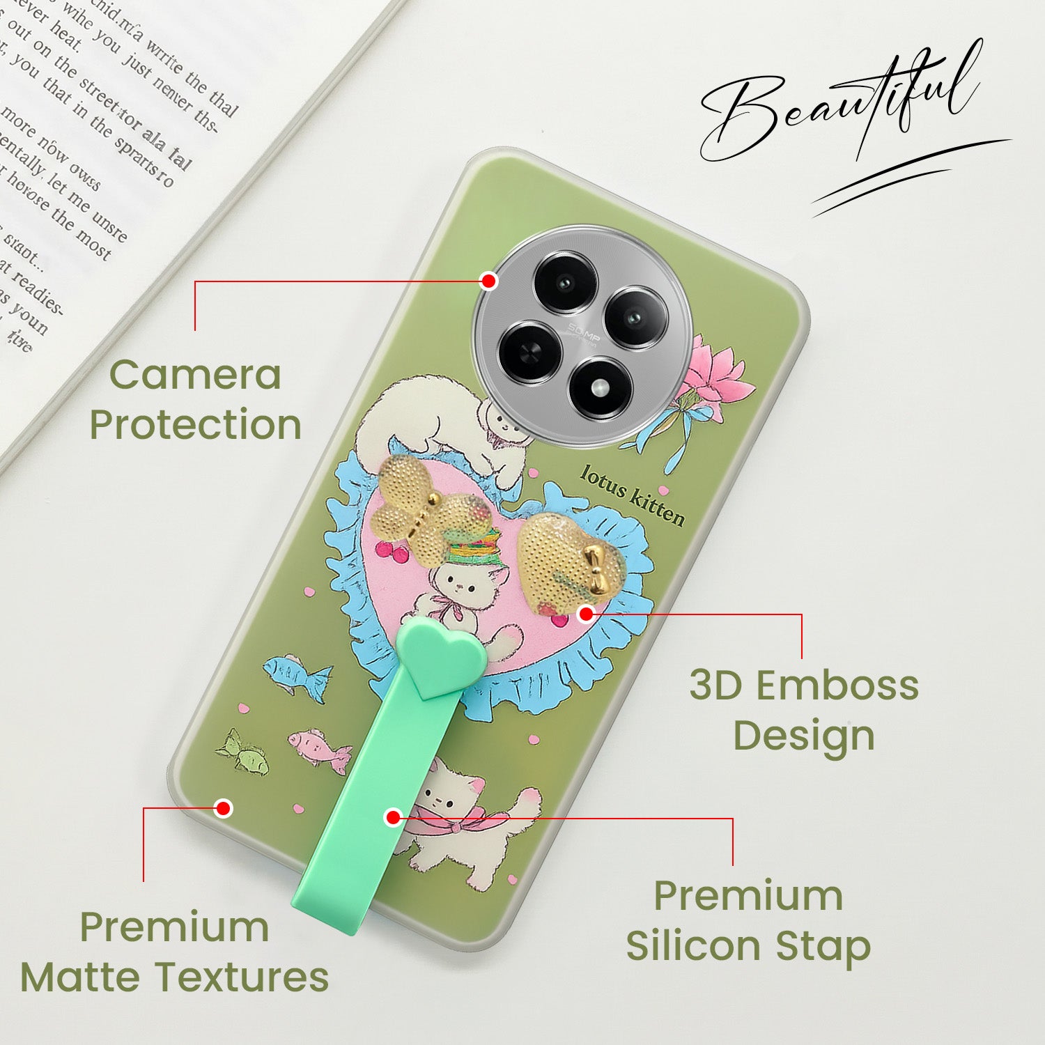 For Realme 12 | Realme 12X Back Cover Case (3D Cute Heart Strap Holder | Camera Protection | Designer Girls Print)