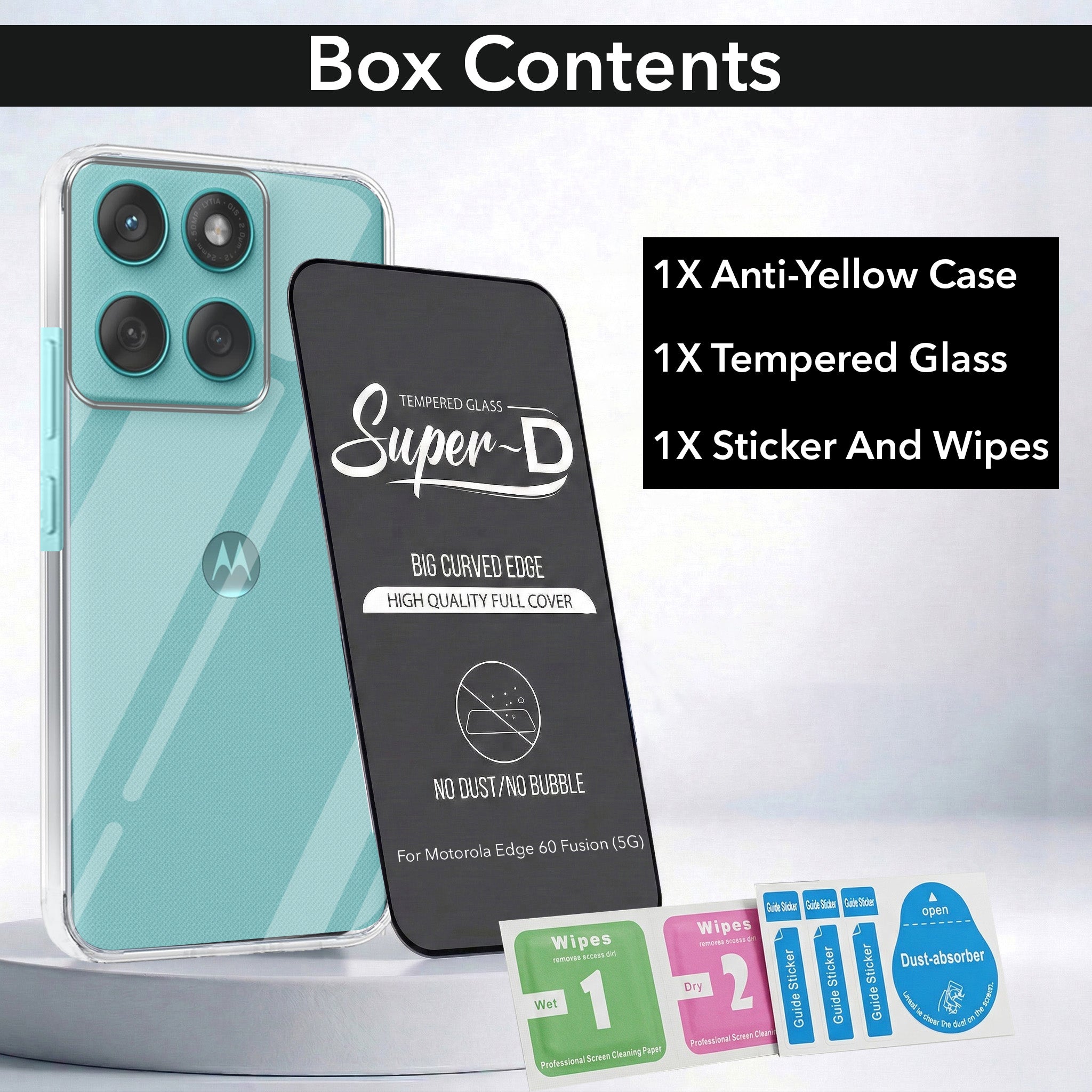 For Motorola Moto Edge 60 Fusion Combo with Back Cover and 9H Tempered Glass (Lifetime Anti-Yellow | Sleek Hard Crystal | Oleophobic Coating Screen Glass)