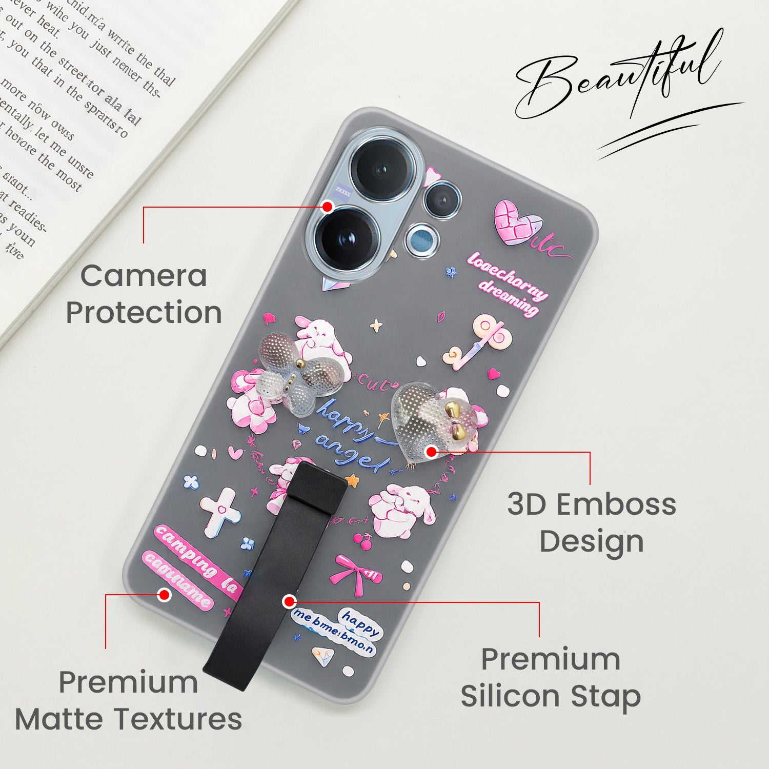 For Vivo V60 | Vivo T4 Pro Back Cover Case (3D Cute Heart Strap Holder | Camera Protection | Designer Girls Print)