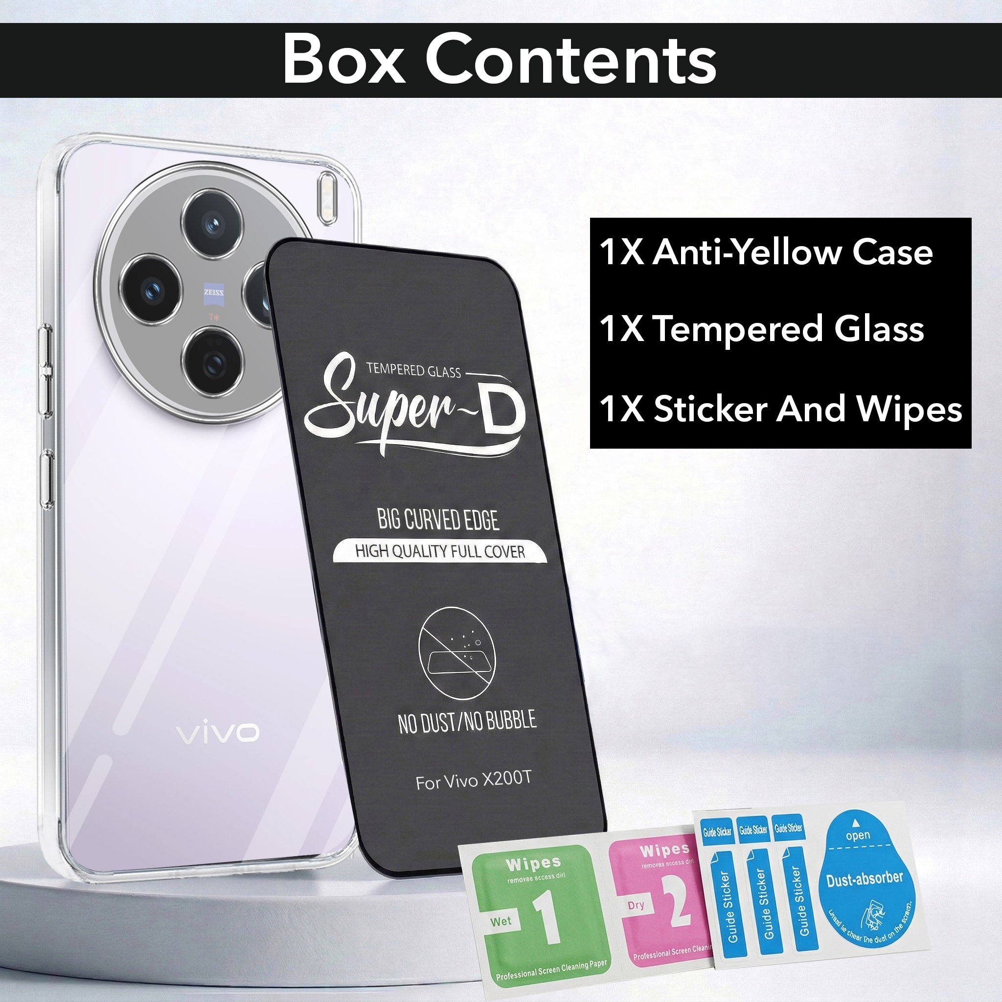 For Vivo X200T Combo with Back Cover and 9H Tempered Glass (Lifetime Anti-Yellow | Sleek Hard Crystal | Oleophobic Coating Screen Glass)
