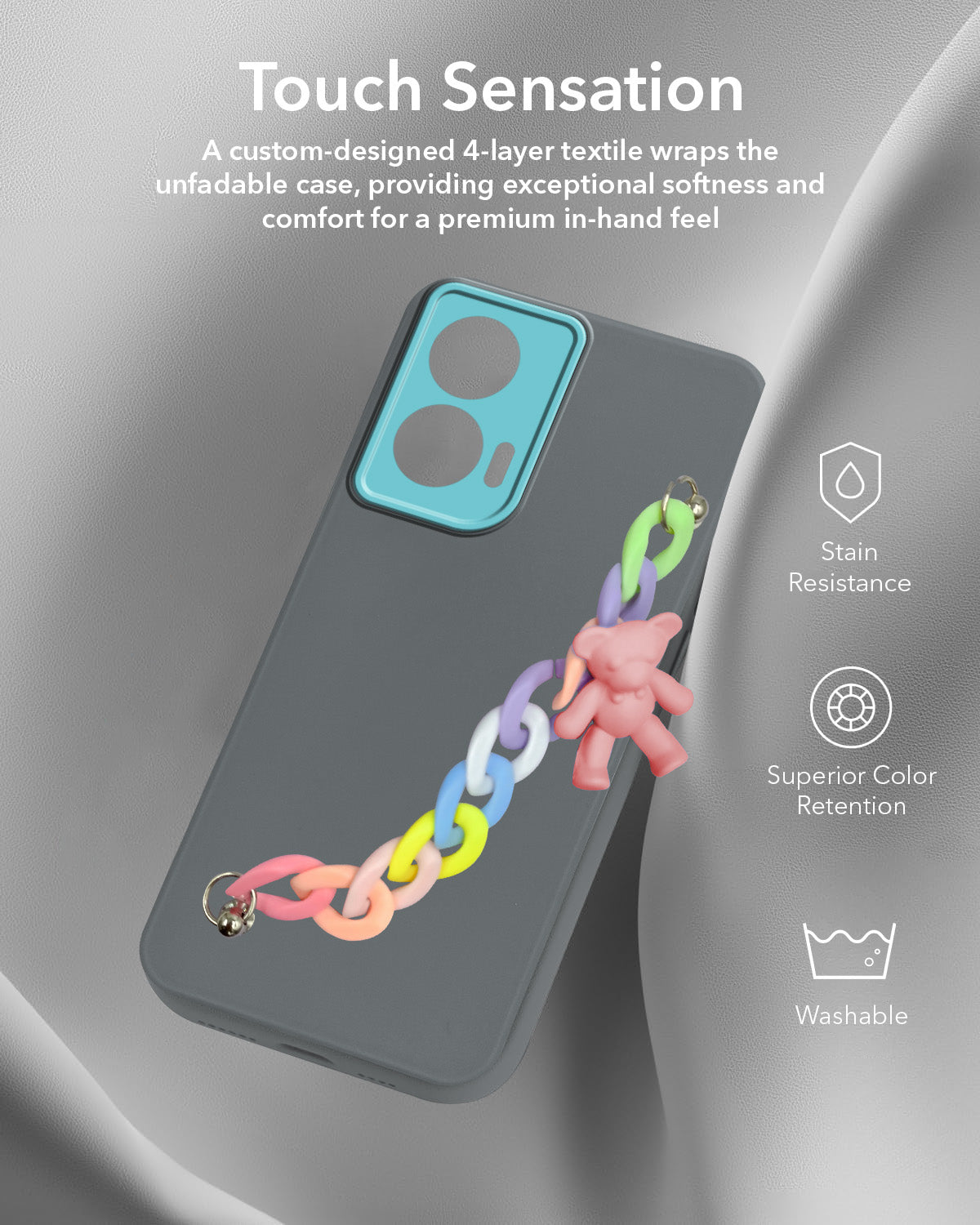 For Motorola Moto Edge 50 Fusion Back Cover Case (Wrist Hanging Chain | Teddy Bracelet Charms | Dual Color Matte Finish | Full Camera Protection | Sleek and Professional)