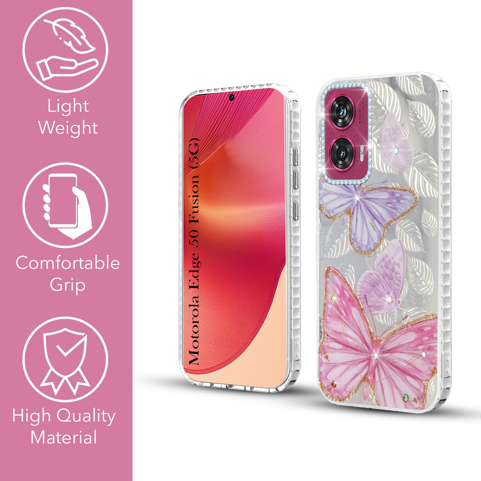 For Motorola Moto Edge 50 Fusion Back Cover Case (Luxury Floral Glitter Cute Butterfly | Diamond Studded Camera Bump | Girls & Women Design)