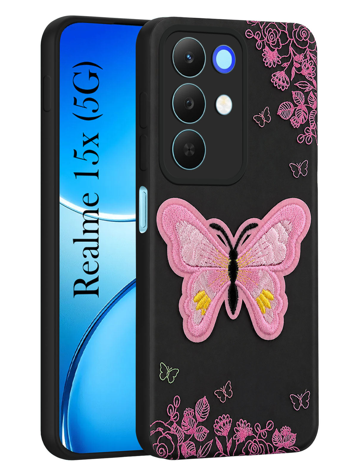 For Realme 15X Back Cover Case (Soft Butterfly Embroidery | Women Teen Girls | Camera Protection| Matte Silicone)
