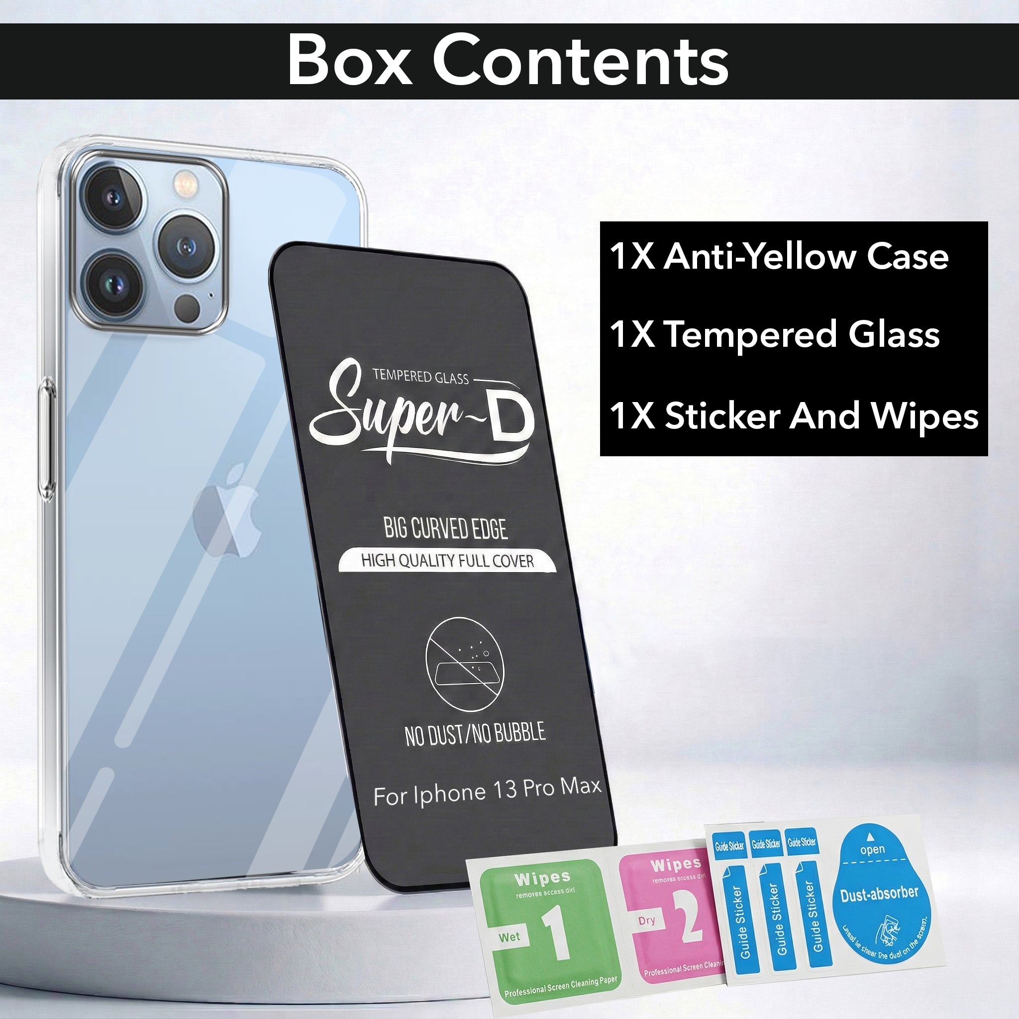 For Apple iPhone 13 Pro Max Combo with Back Cover and 9H Tempered Glass (Lifetime Anti-Yellow | Sleek Hard Crystal | Oleophobic Coating Screen Glass)