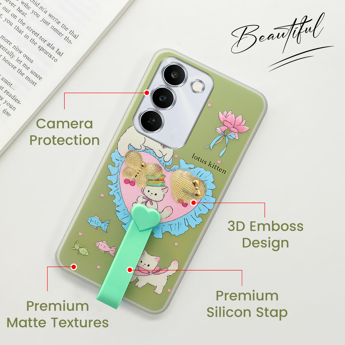 For Realme P4 Lite 5G | Narzo 100 Lite 5G Back Cover Case (3D Cute Heart Strap Holder | Camera Protection | Designer Girls Print)