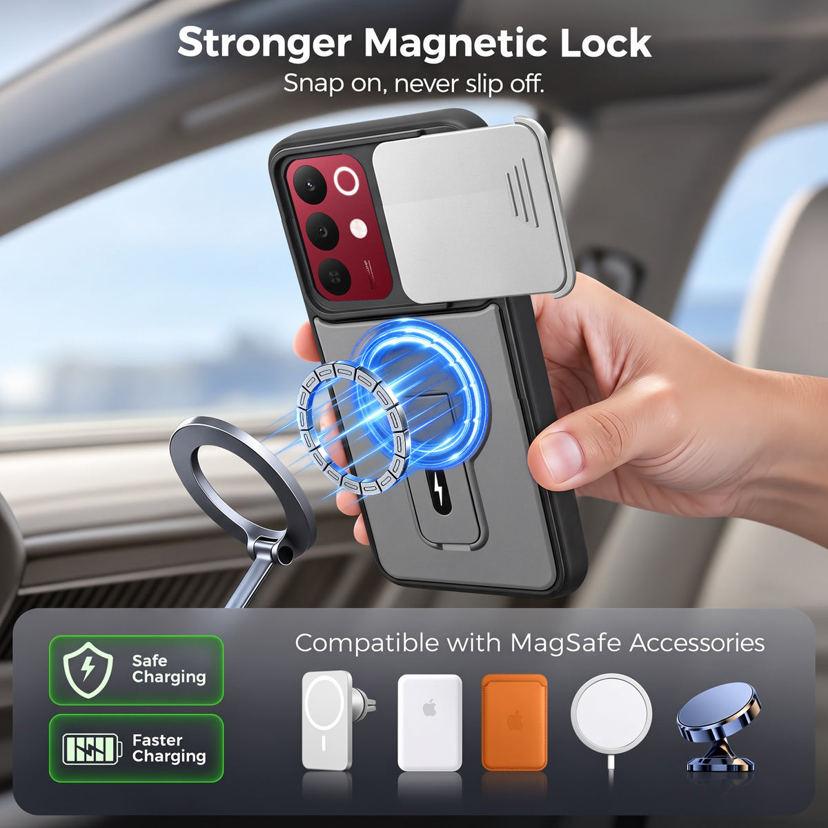 For Realme 15X Back Case Cover Metallic (Hybrid Armor Kickstand | Sliding Shutter Camera Protection | MagSafe Compatible)
