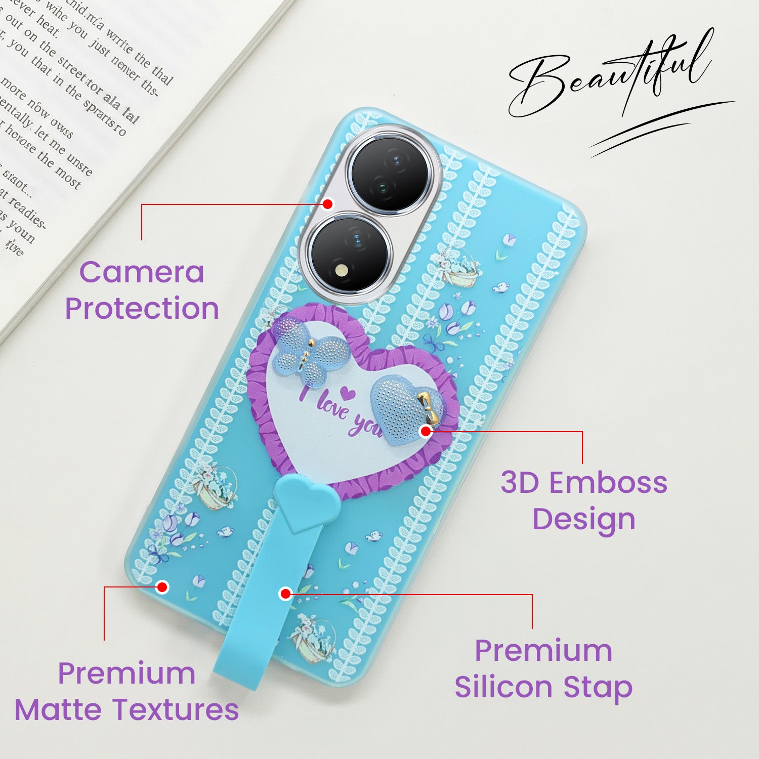 For Vivo Y100 Back Cover Case (3D Cute Heart Strap Holder | Camera Protection | Designer Girls Print)