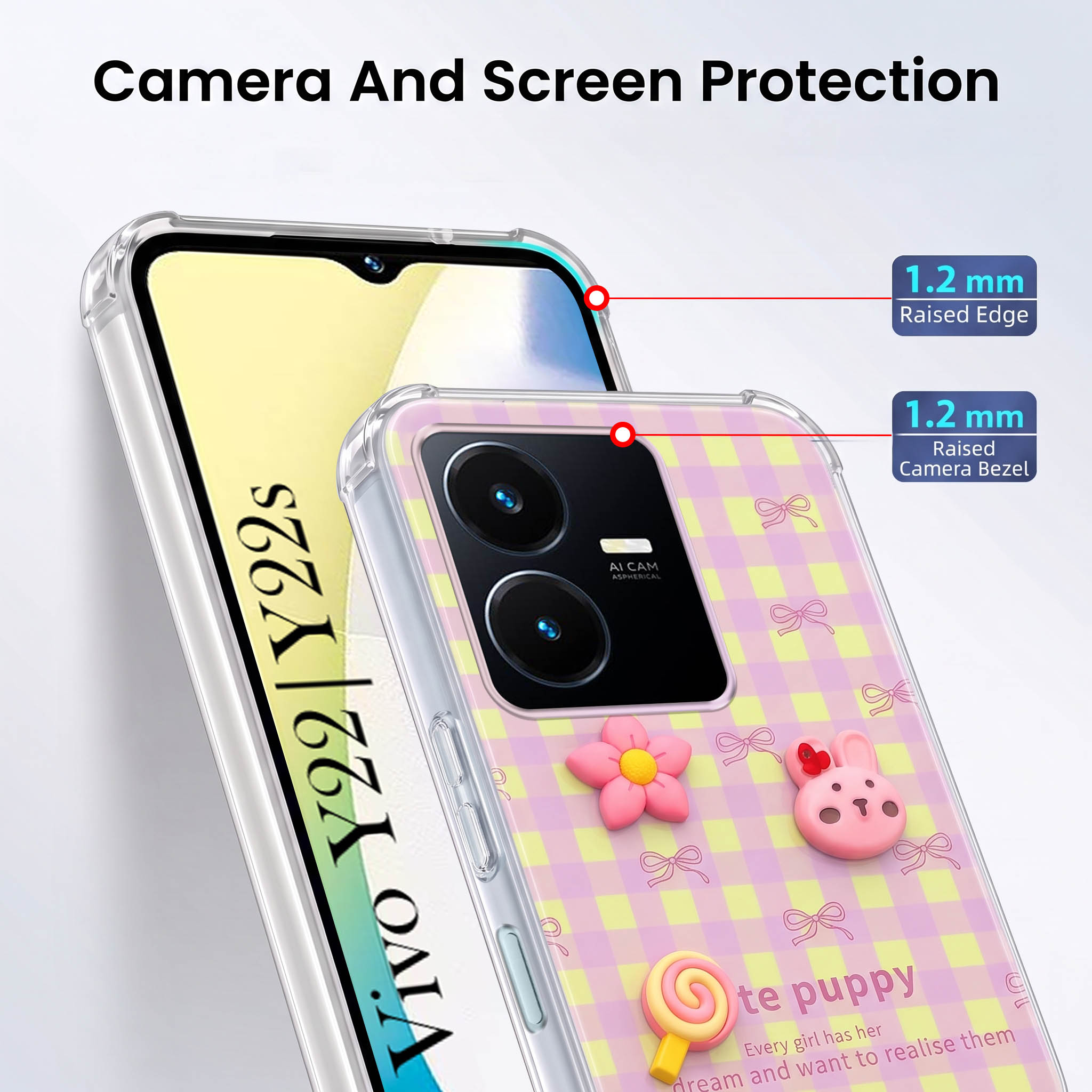 For Vivo Y22 | Vivo Y22s Back Cover Case (3D Cute Cartoons | Hard Back Side Soft | Matte Premium Finish | HD Printing)