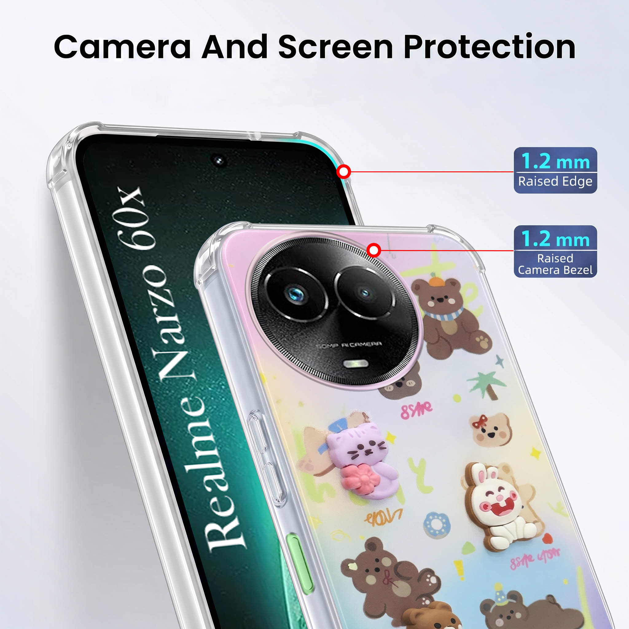 For Realme Narzo 60x Back Cover Case (3D Cute Cartoons | Hard Back Side Soft | Matte Premium Finish | HD Printing)