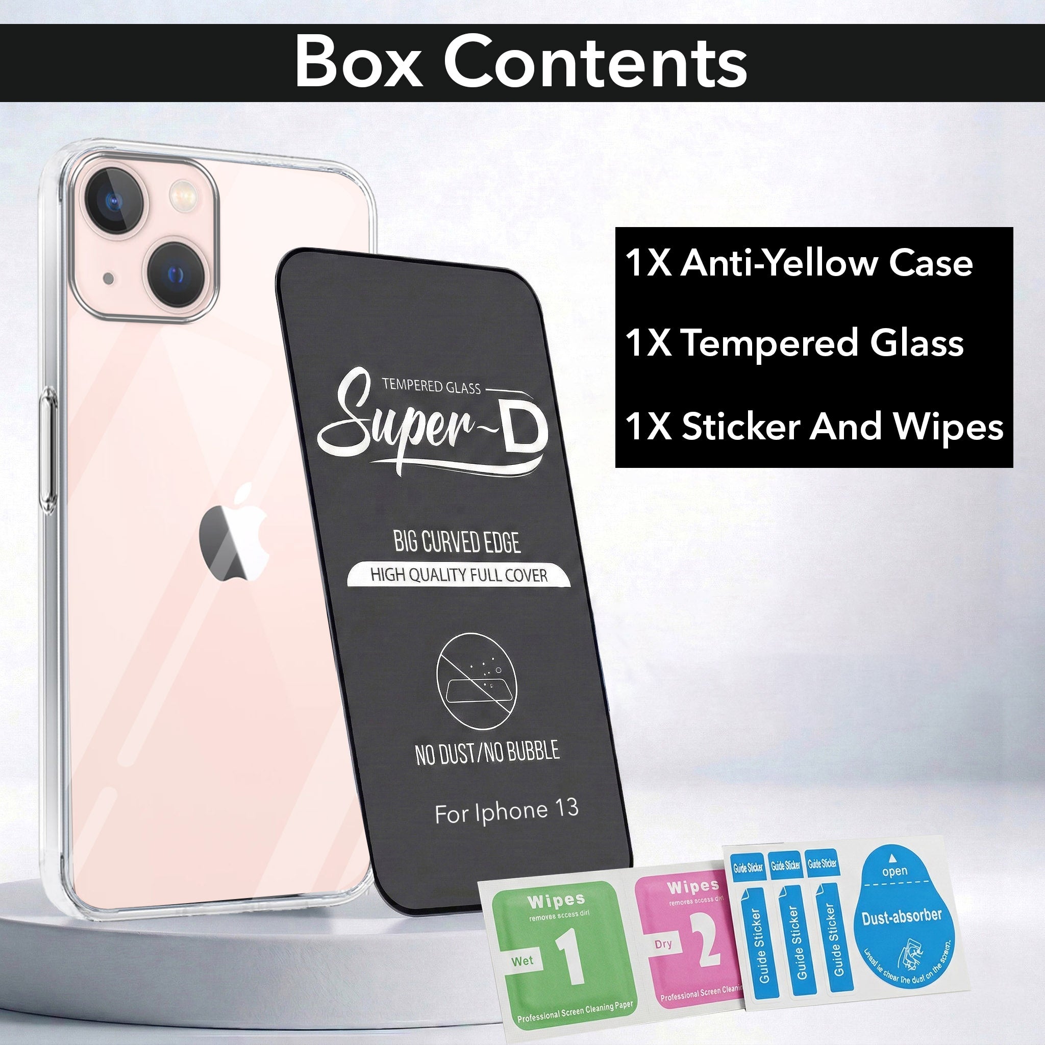 For Apple iPhone 13 Combo with Back Cover and 9H Tempered Glass (Lifetime Anti-Yellow | Sleek Hard Crystal | Oleophobic Coating Screen Glass)