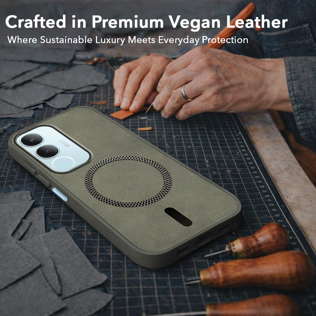 For Vivo Y29 Back Cover Case Leather Finish (MagSafe Compatible Wireless Charging | Soft Touch | Camera Bump Protection)