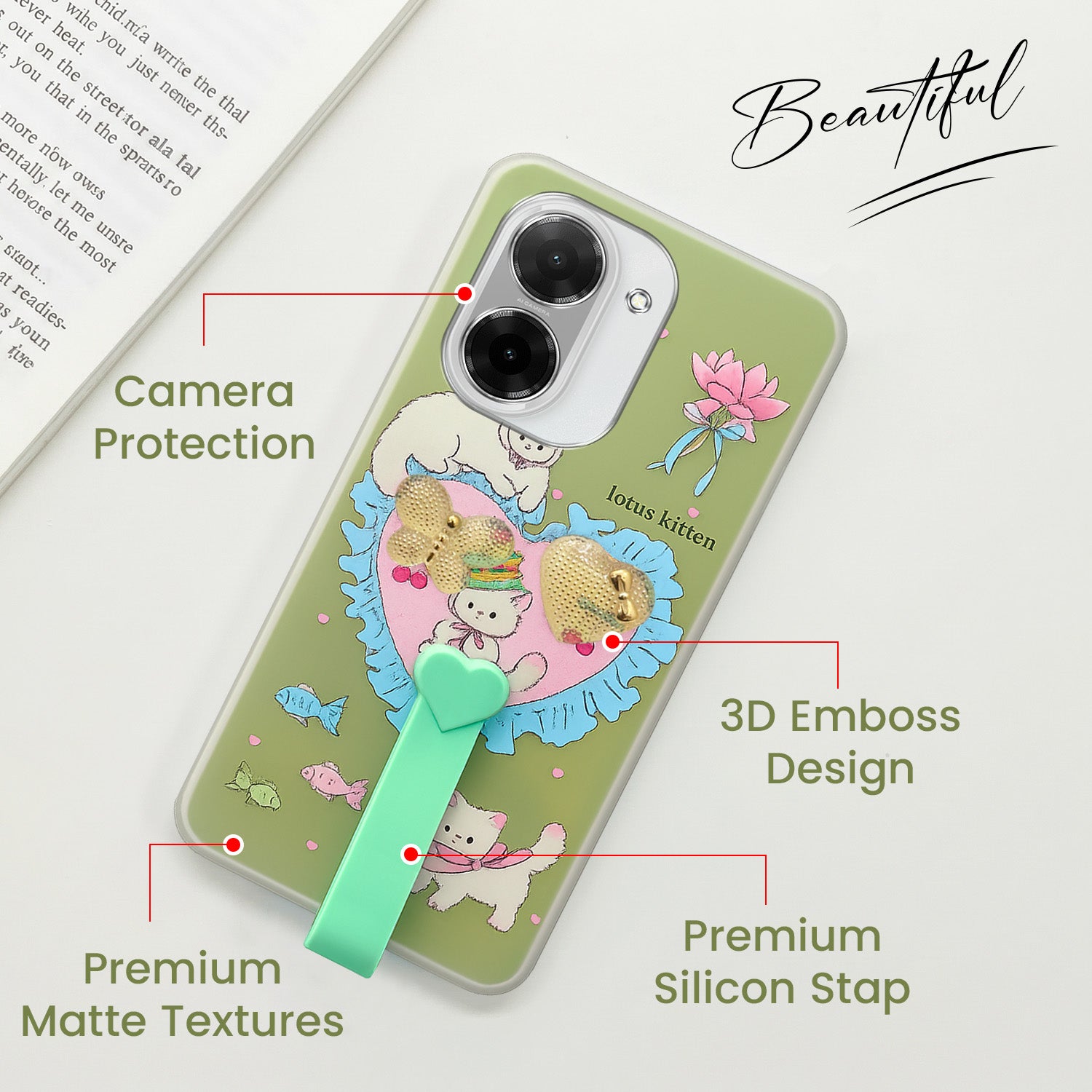 For Poco C71 Back Cover Case (3D Cute Heart Strap Holder | Camera Protection | Designer Girls Print)