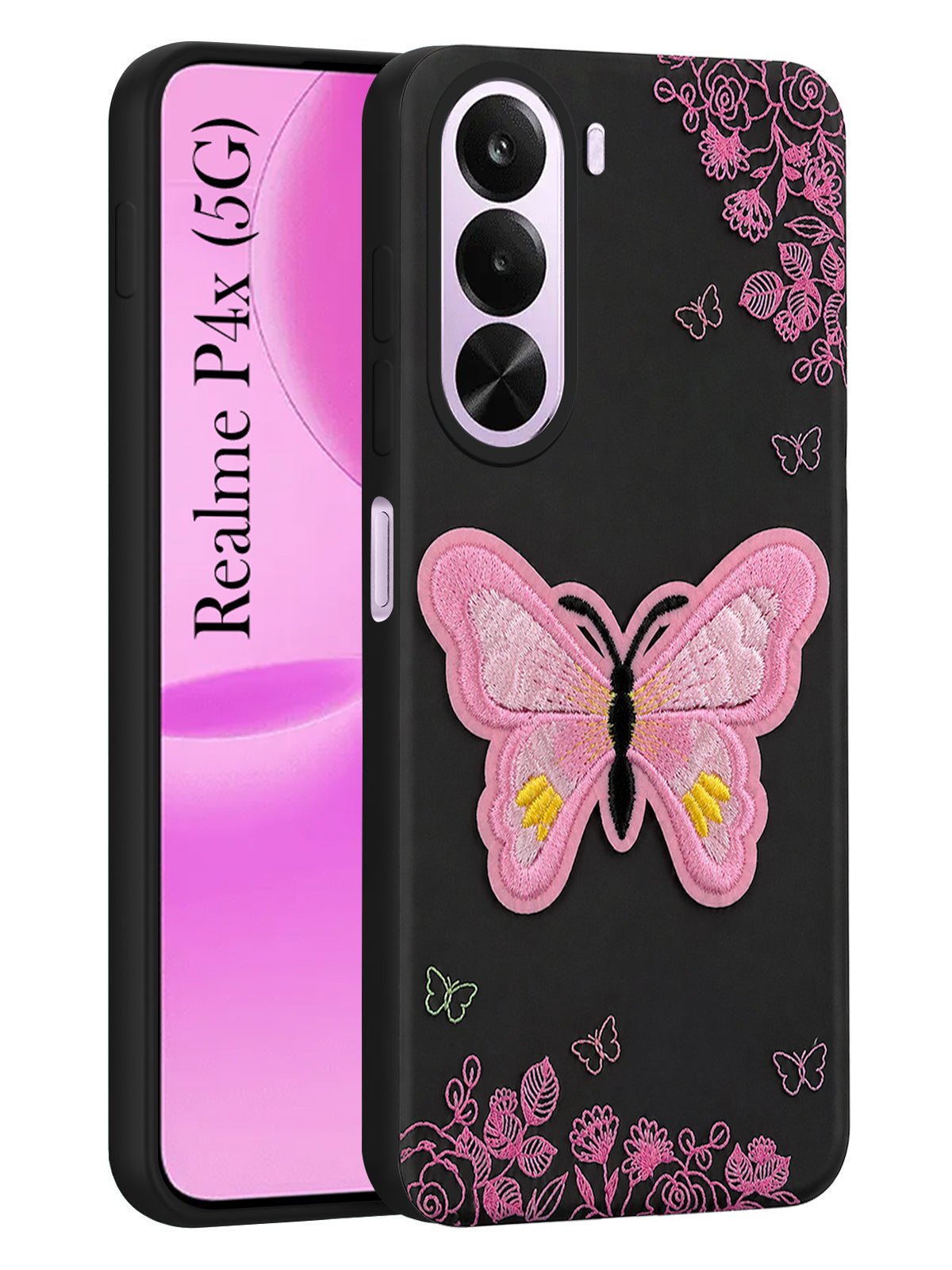 For  Realme P4x Back Cover Case (Soft Butterfly Embroidery | Women Teen Girls | Camera Protection| Matte Silicone)