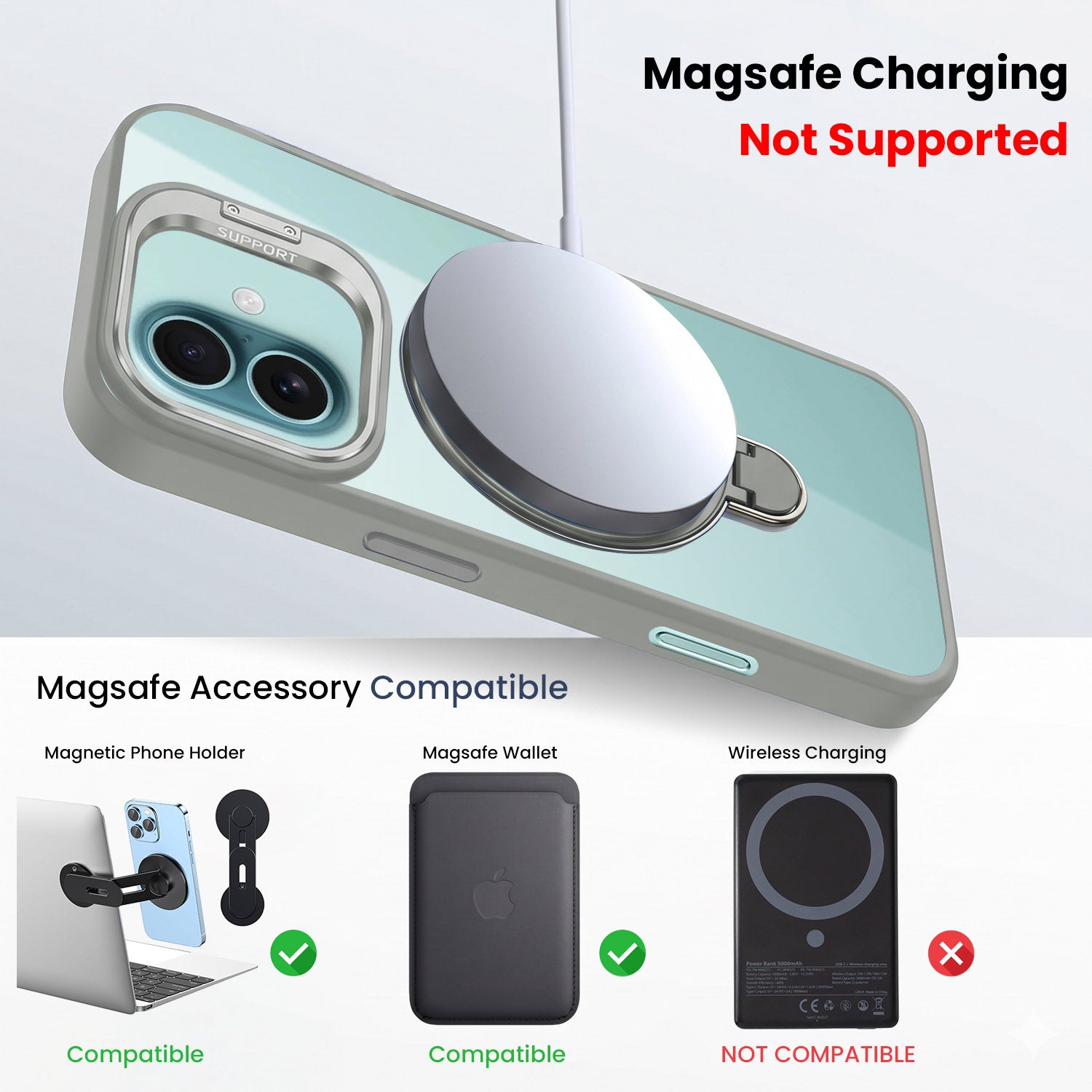 For Apple iPhone 16 Back Cover Case Crystal (Lifetime Anti Yellow | Magnetic Ring Stand | Camera Lens Protection | MagSafe Compatible)