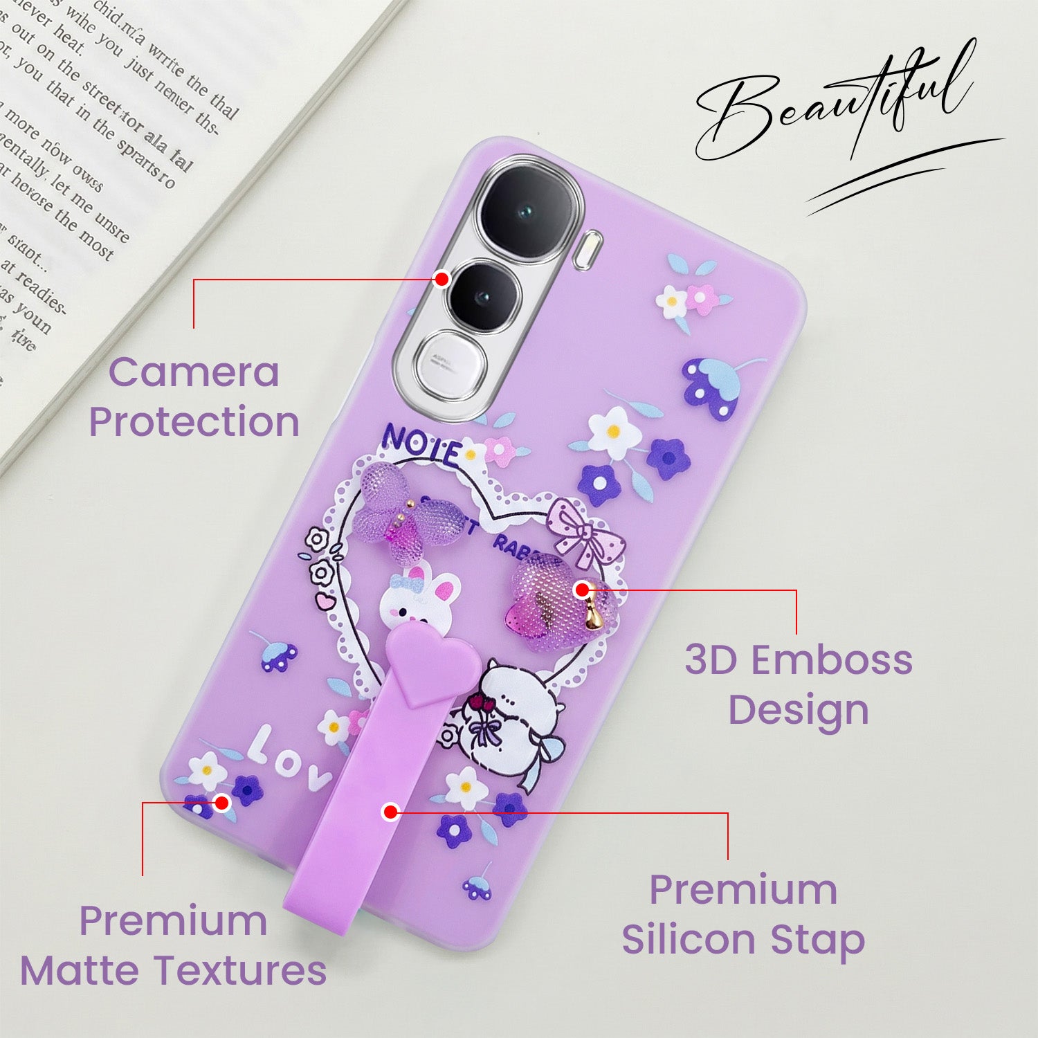 For Vivo Y400 Back Cover Case (3D Cute Heart Strap Holder | Camera Protection | Designer Girls Print)