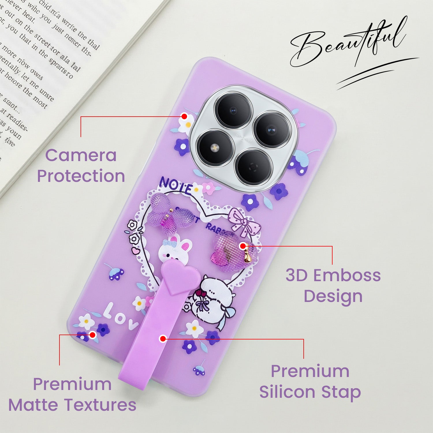 For Xiaomi Redmi Note 15 Pro 5G Back Cover Case (3D Cute Heart Strap Holder | Camera Protection | Designer Girls Print)