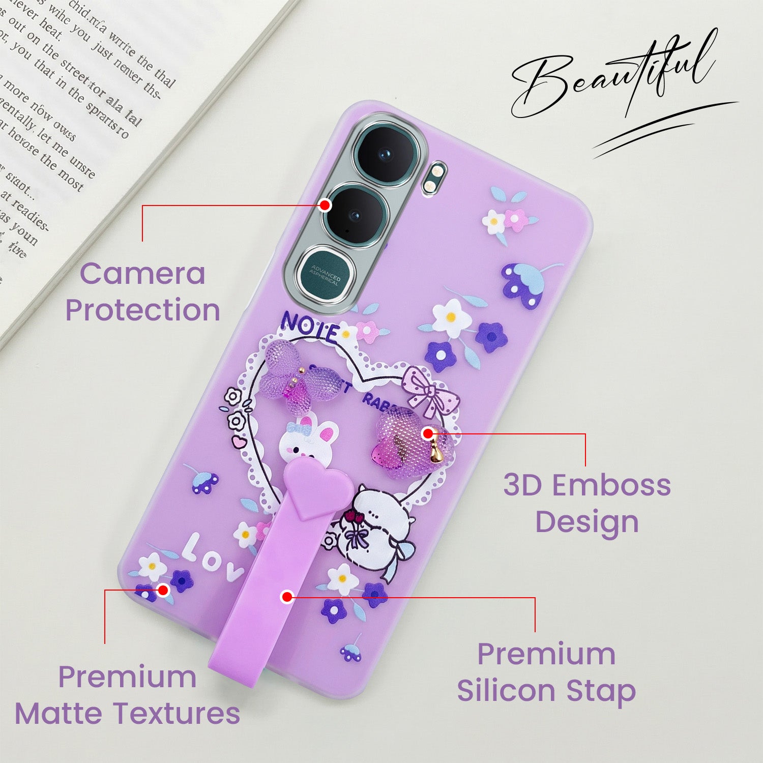 For Vivo Y31 5G Back Cover Case (3D Cute Heart Strap Holder | Camera Protection | Designer Girls Print)