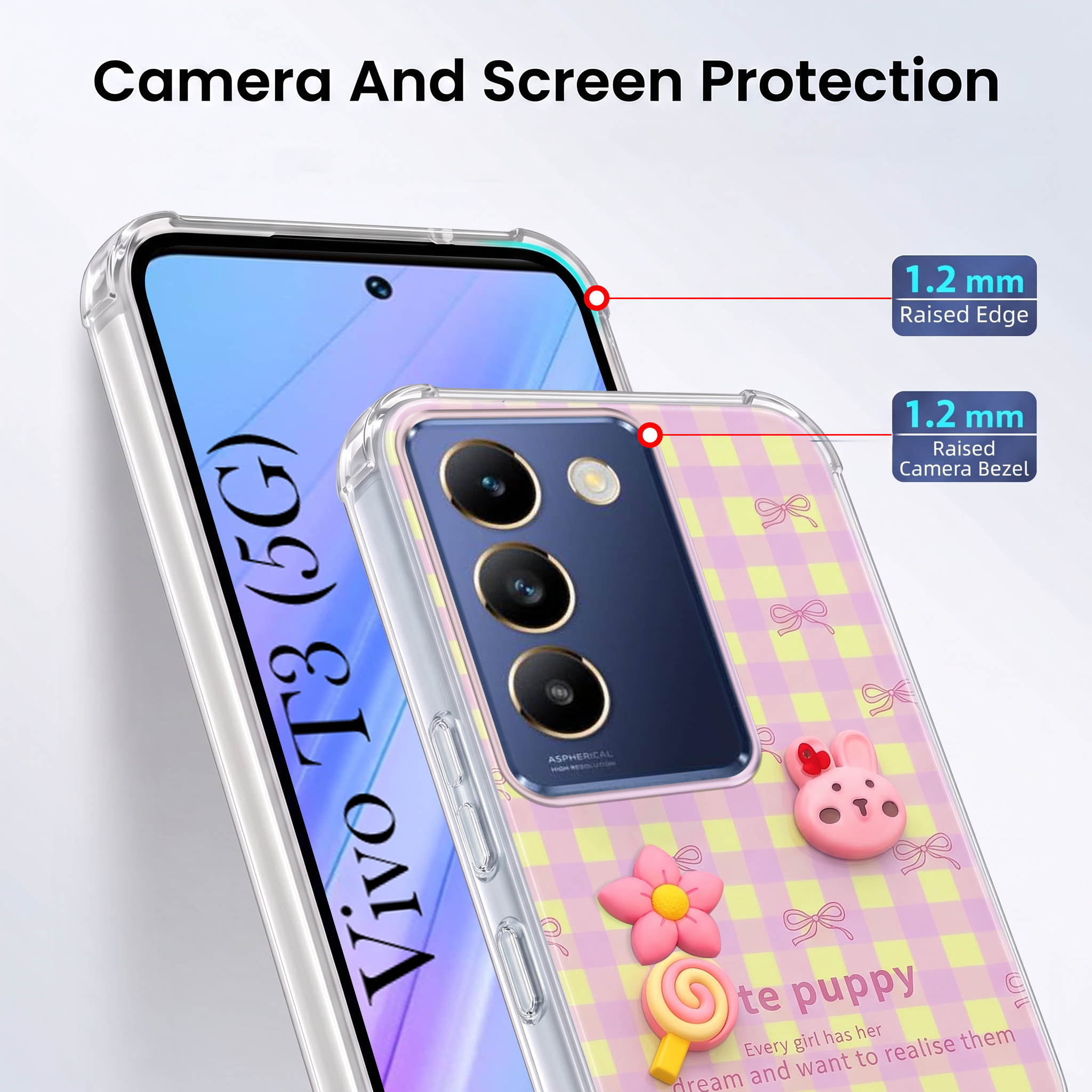 For Vivo T3 5G Back Cover Case (3D Cute Cartoons | Hard Back Side Soft | Matte Premium Finish | HD Printing)