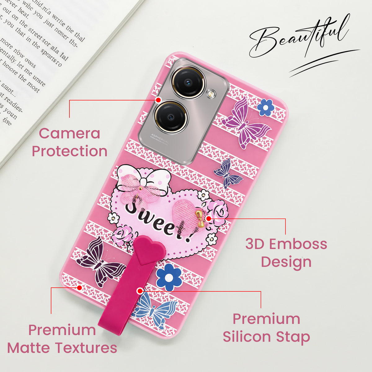 For Vivo Y28s 5G | Vivo T3 Lite 5G Back Cover Case (3D Cute Heart Strap Holder | Camera Protection | Designer Girls Print)