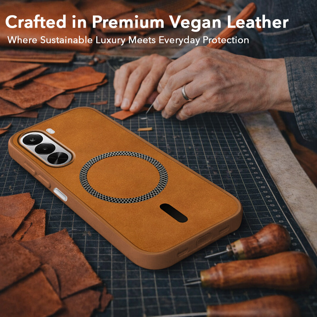 For Realme P4x Back Cover Case Leather Finish (MagSafe Compatible Wireless Charging | Soft Touch | Camera Bump Protection)