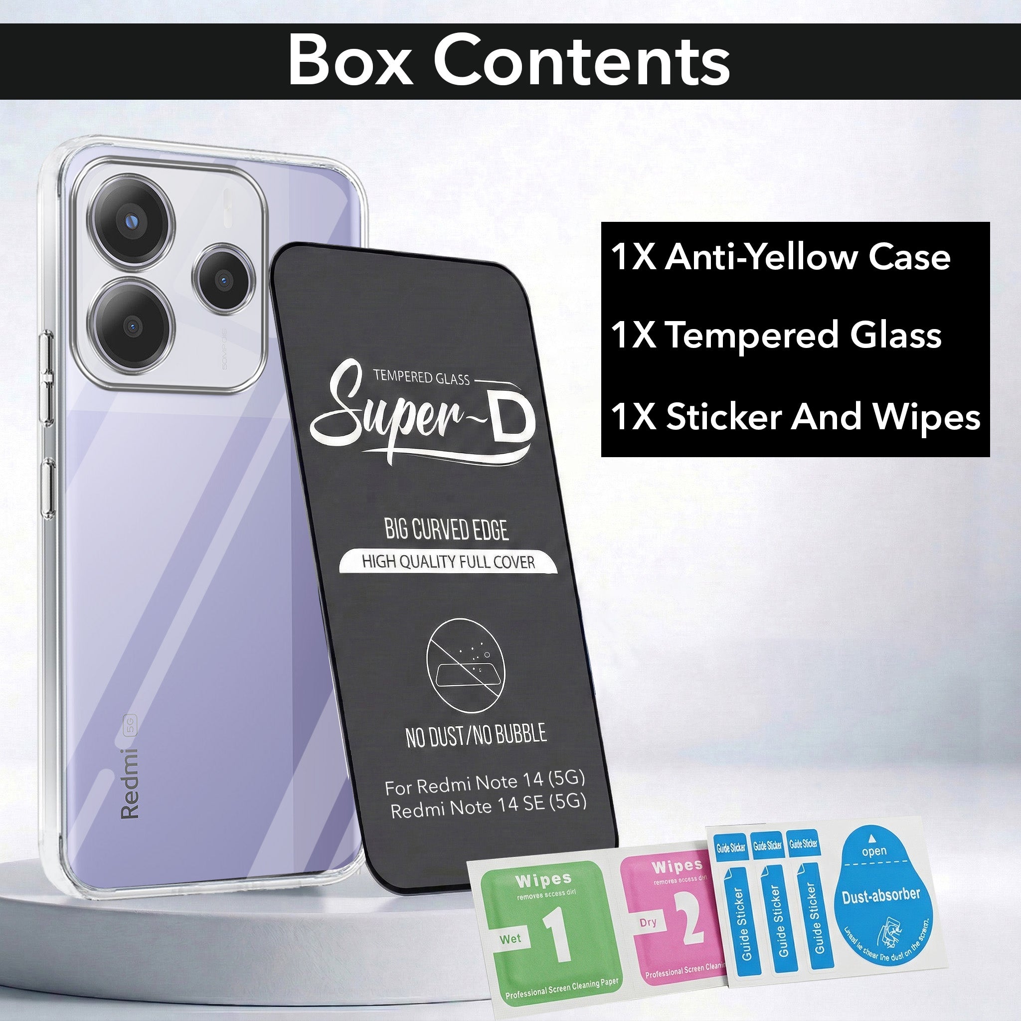 For Redmi Note 14 5G | Redmi Note 14 SE Combo with Back Cover and 9H Tempered Glass (Lifetime Anti-Yellow | Sleek Hard Crystal | Oleophobic Coating Screen Glass)