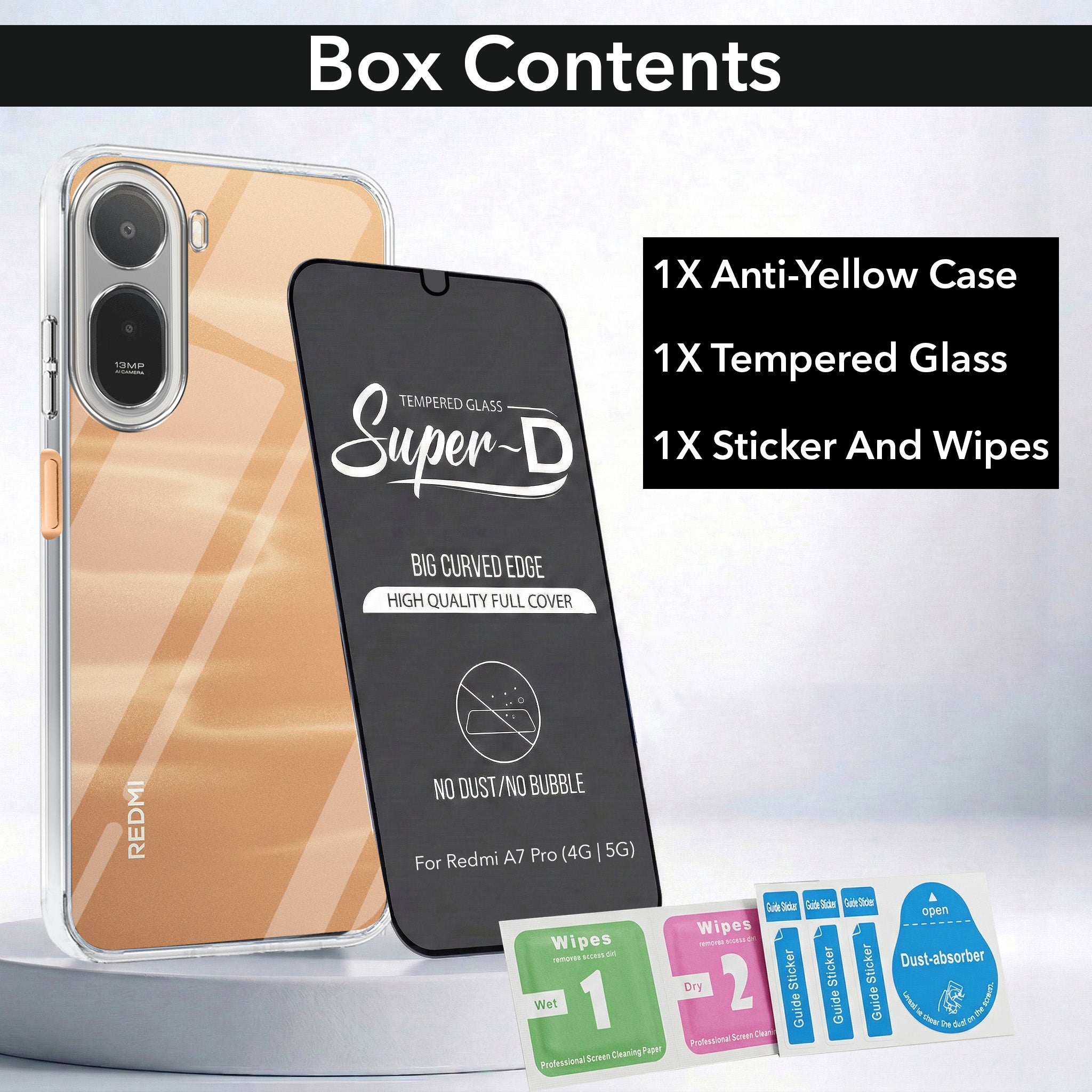 For Redmi A7 Pro 5G Combo with Back Cover and 9H Tempered Glass (Lifetime Anti-Yellow | Sleek Hard Crystal | Oleophobic Coating Screen Glass)