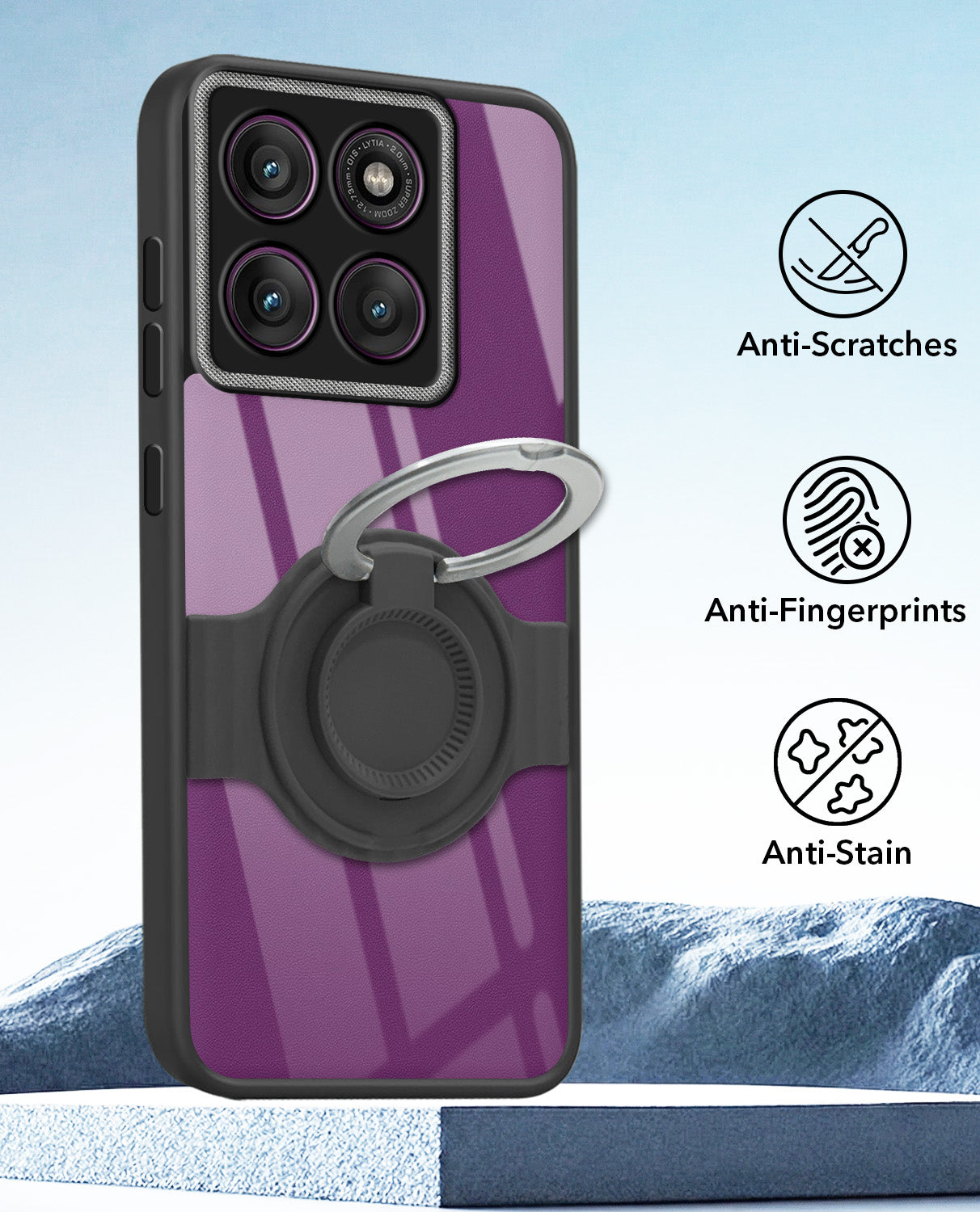 For Motorola Moto Edge 60 Pro Back Cover Case with stand (Built-in Ring Holder Kickstand | Lifetime Anti Yellow | Camera Protection)