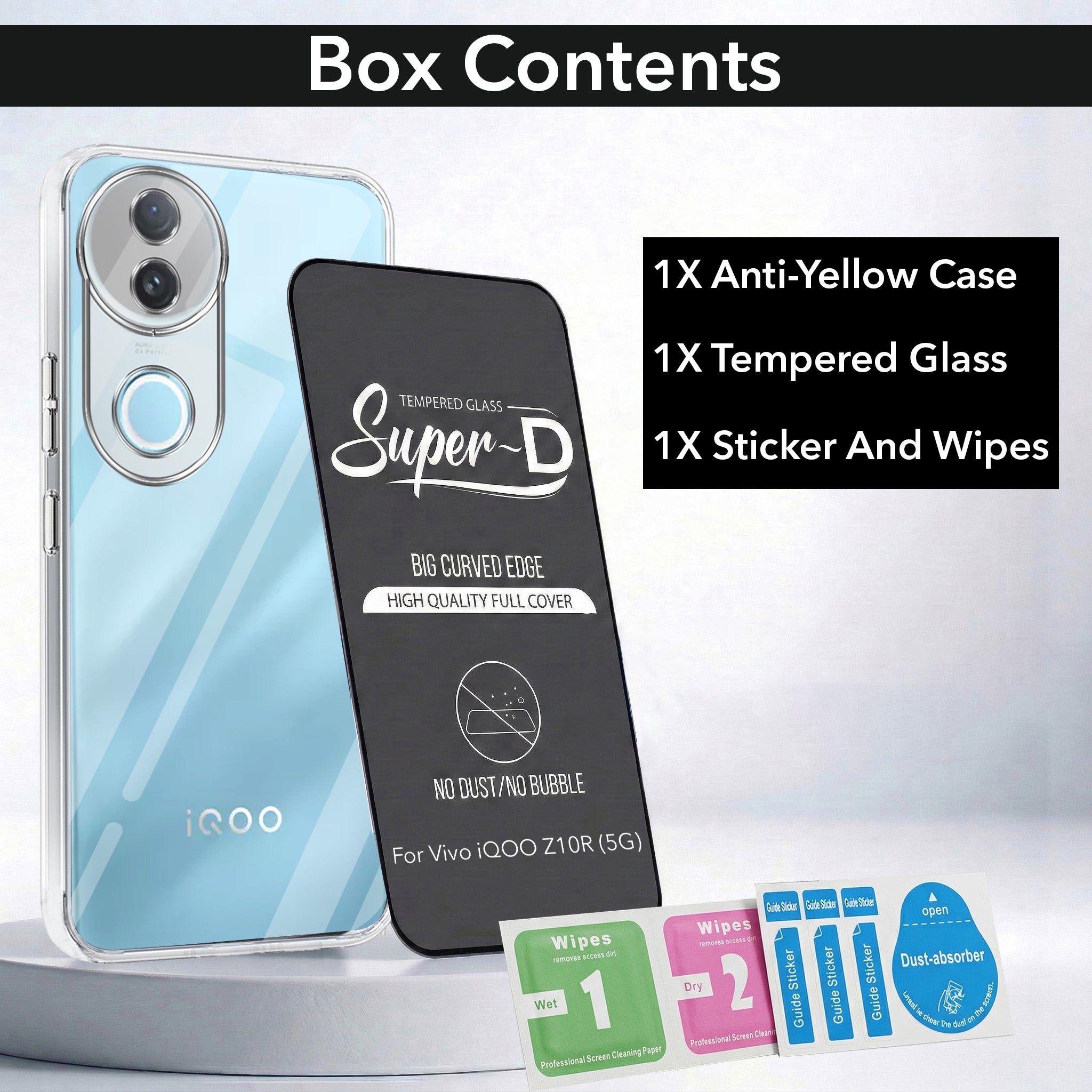 For Vivo iQOO Z10R Combo with Back Cover and 9H Tempered Glass (Lifetime Anti-Yellow | Sleek Hard Crystal | Oleophobic Coating Screen Glass)