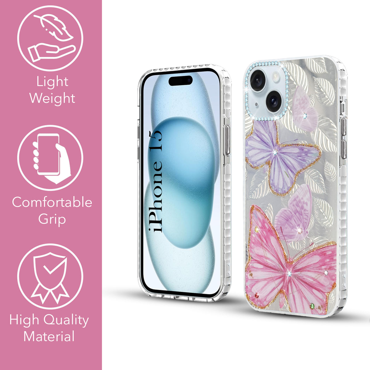 For Apple iPhone 15 Back Cover Case (Luxury Floral Glitter Cute Butterfly | Diamond Studded Camera Bump | Girls & Women Design)